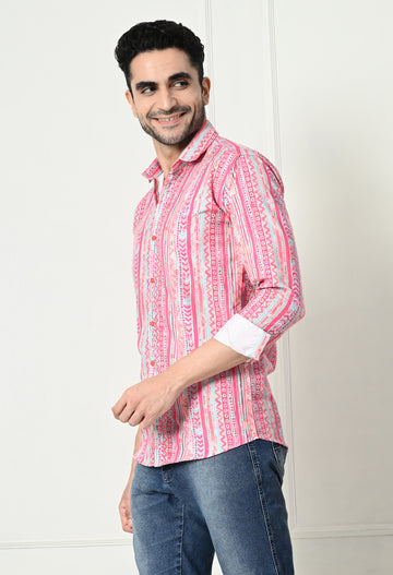 Pink Ethnic Stripe Print Slim Fit Festive Shirt