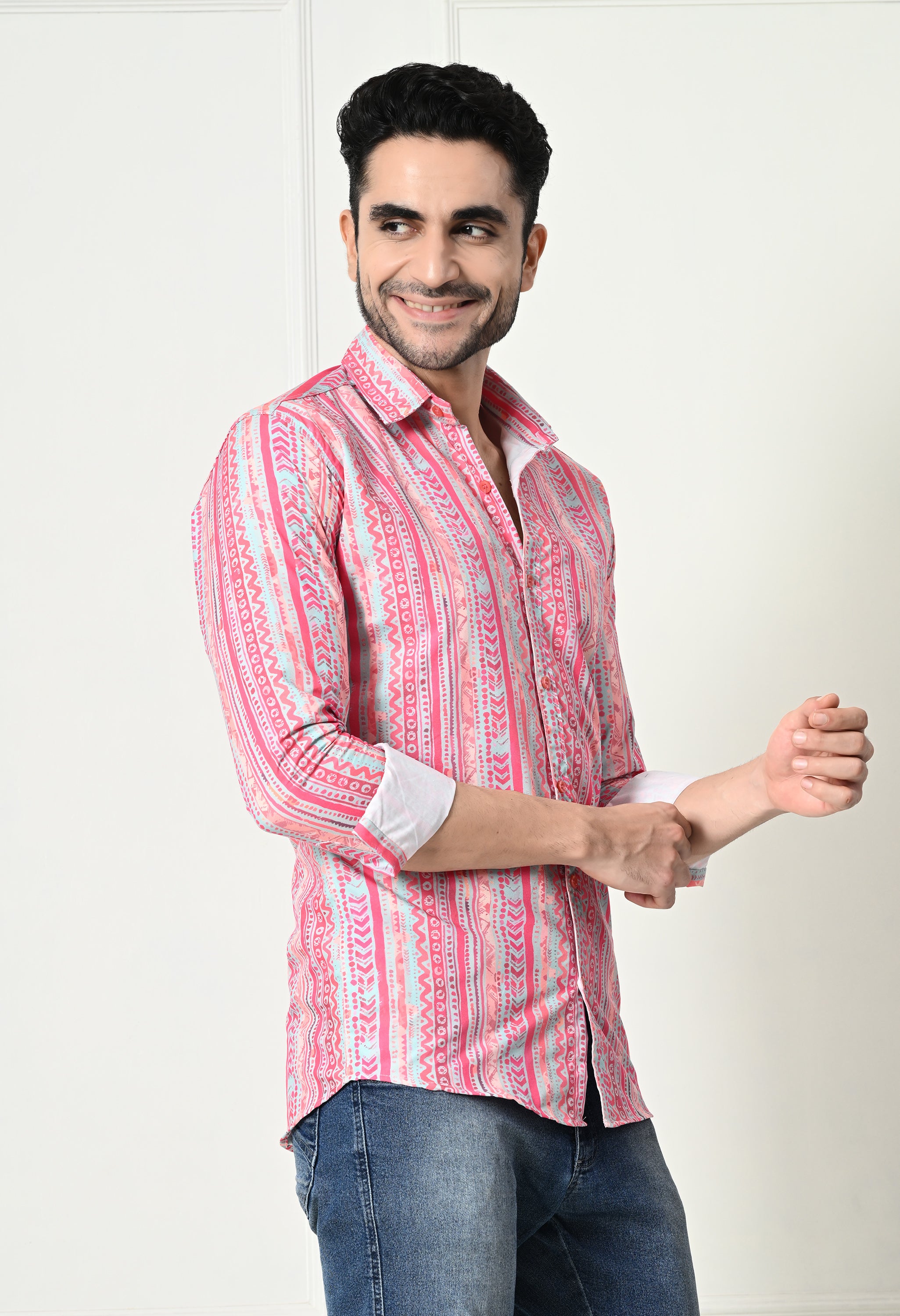 Pink Ethnic Stripe Print Slim Fit Festive Shirt