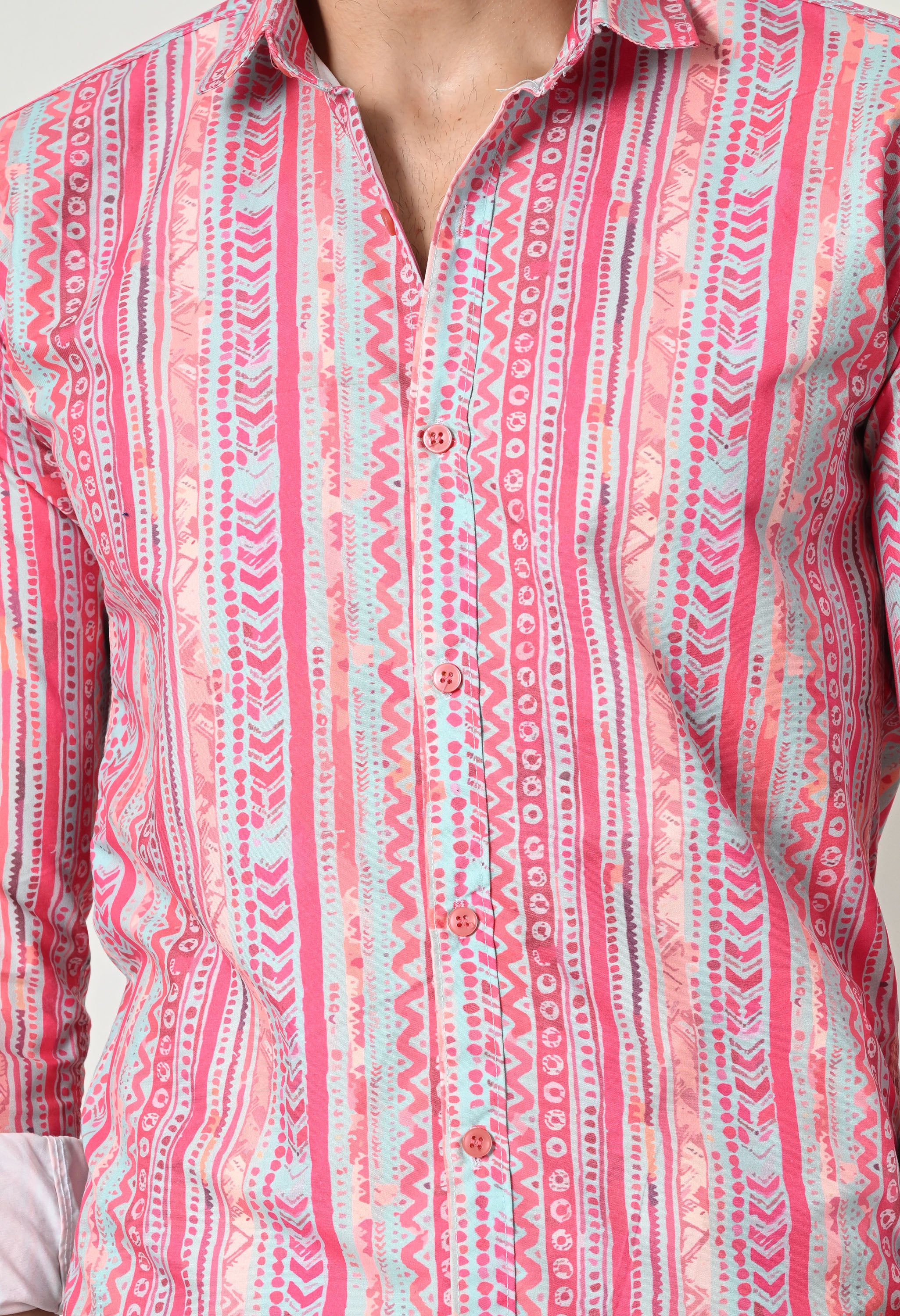 Pink Ethnic Stripe Print Slim Fit Festive Shirt