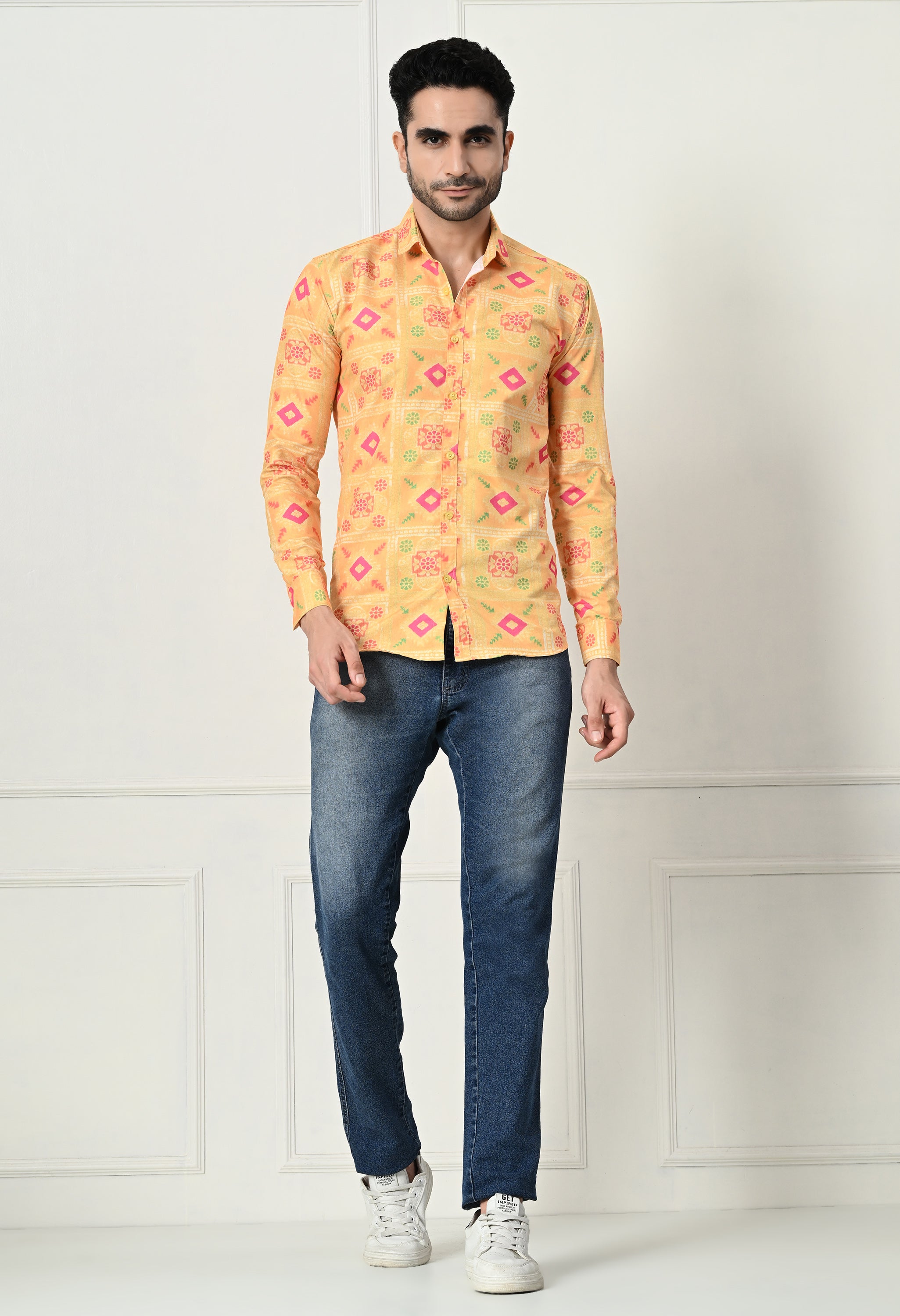 Yellow Bandhani Print Slim Fit Festive Ethnic Shirt