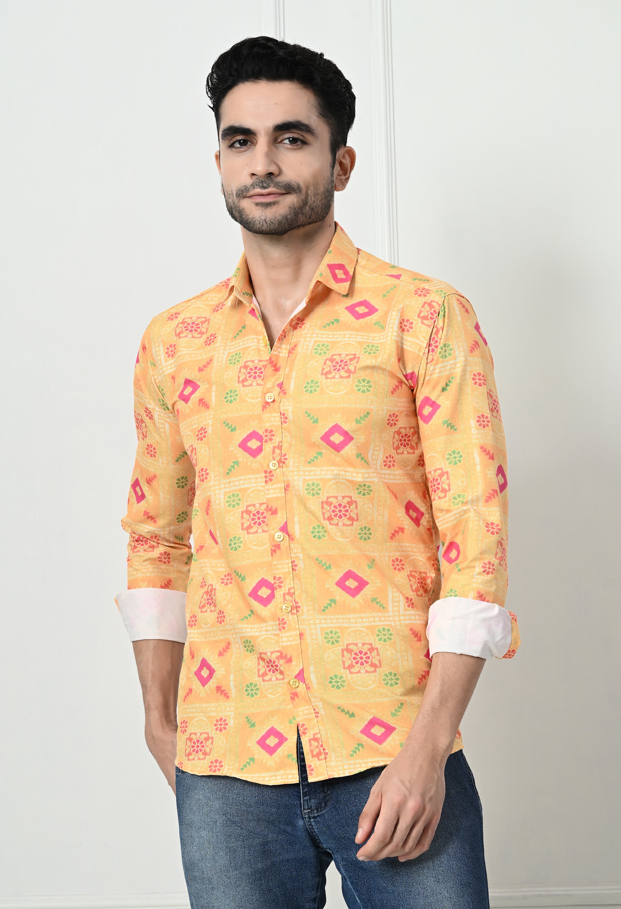 Yellow Bandhani Print Slim Fit Festive Ethnic Shirt