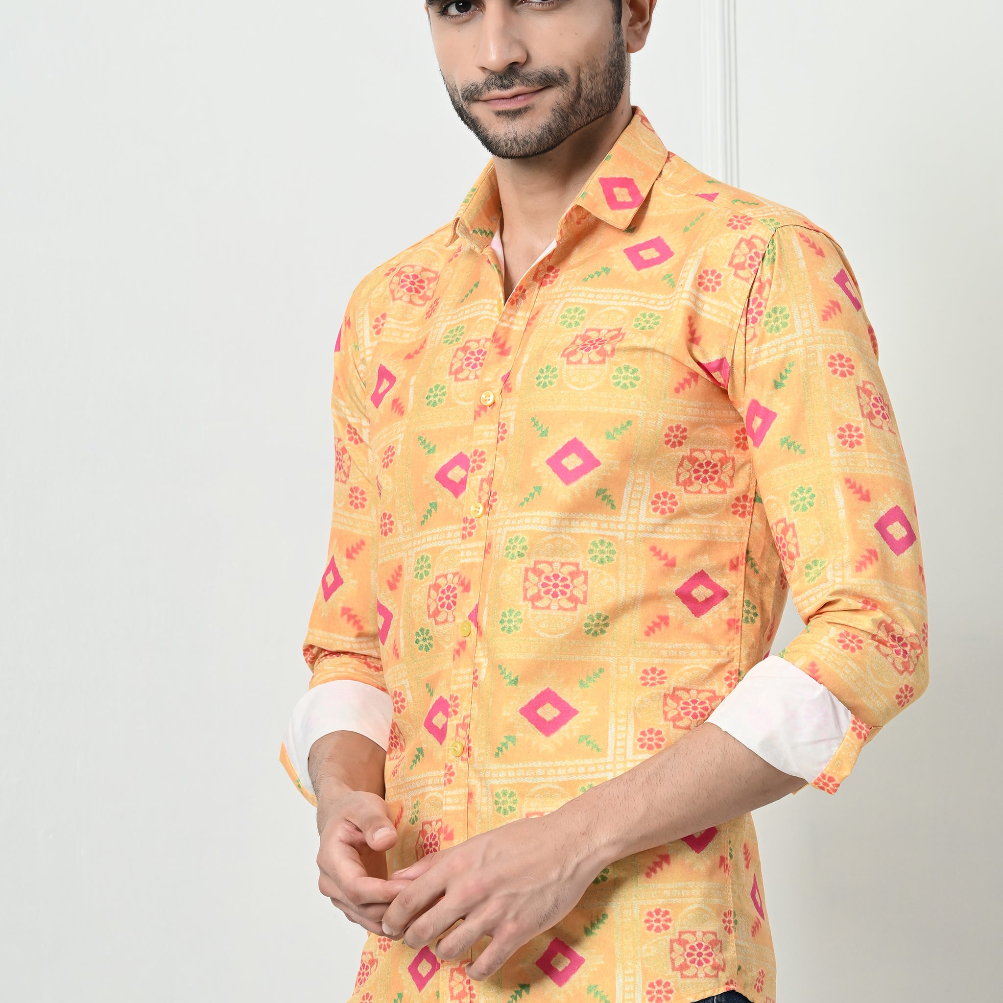 Yellow Bandhani Print Slim Fit Festive Ethnic Shirt