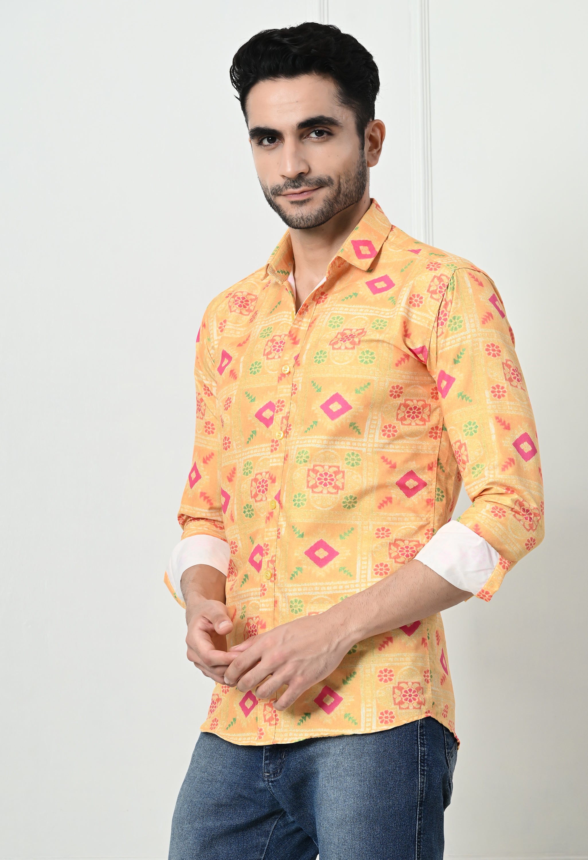 Yellow Bandhani Print Slim Fit Festive Ethnic Shirt