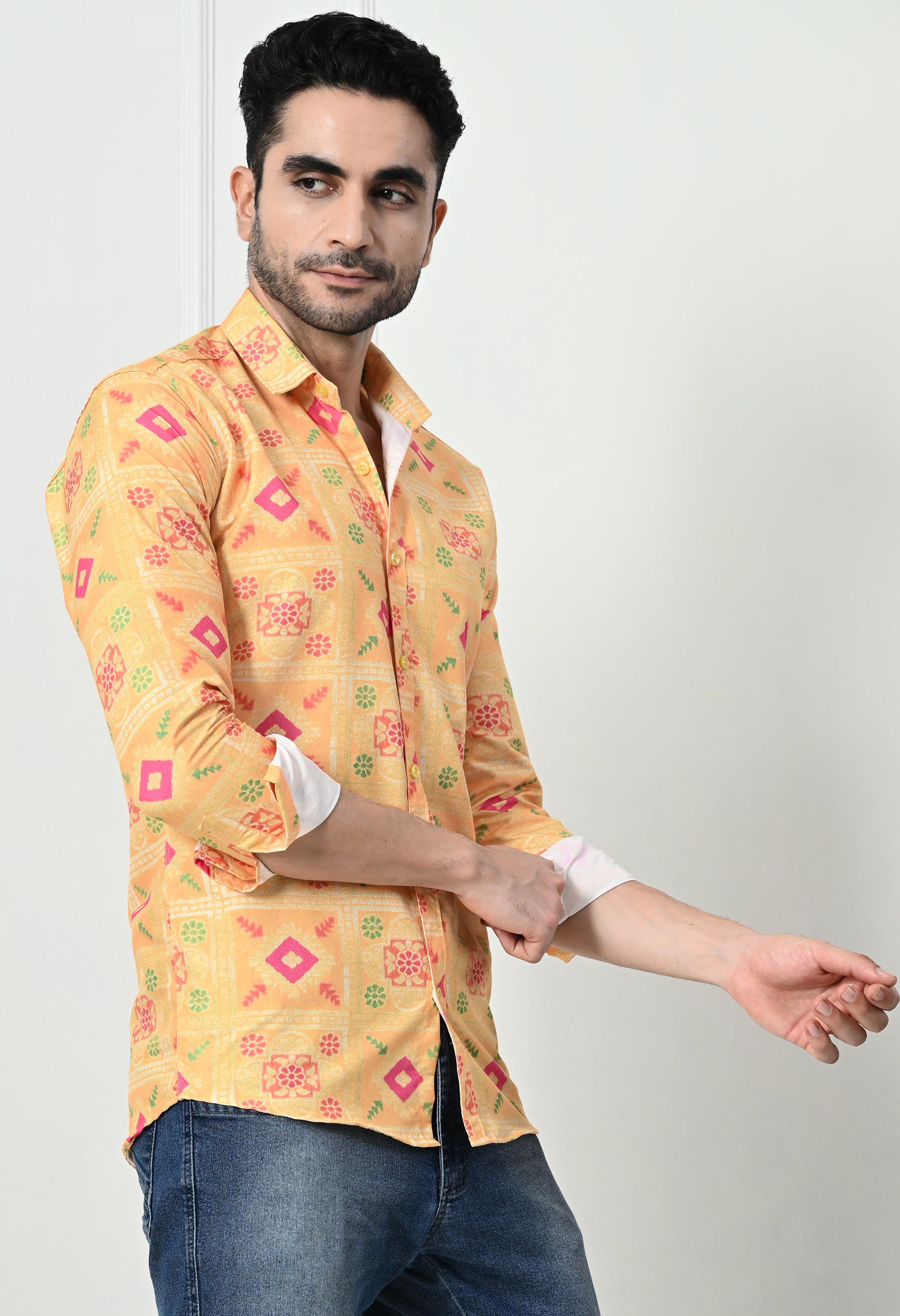 Yellow Bandhani Print Slim Fit Festive Ethnic Shirt