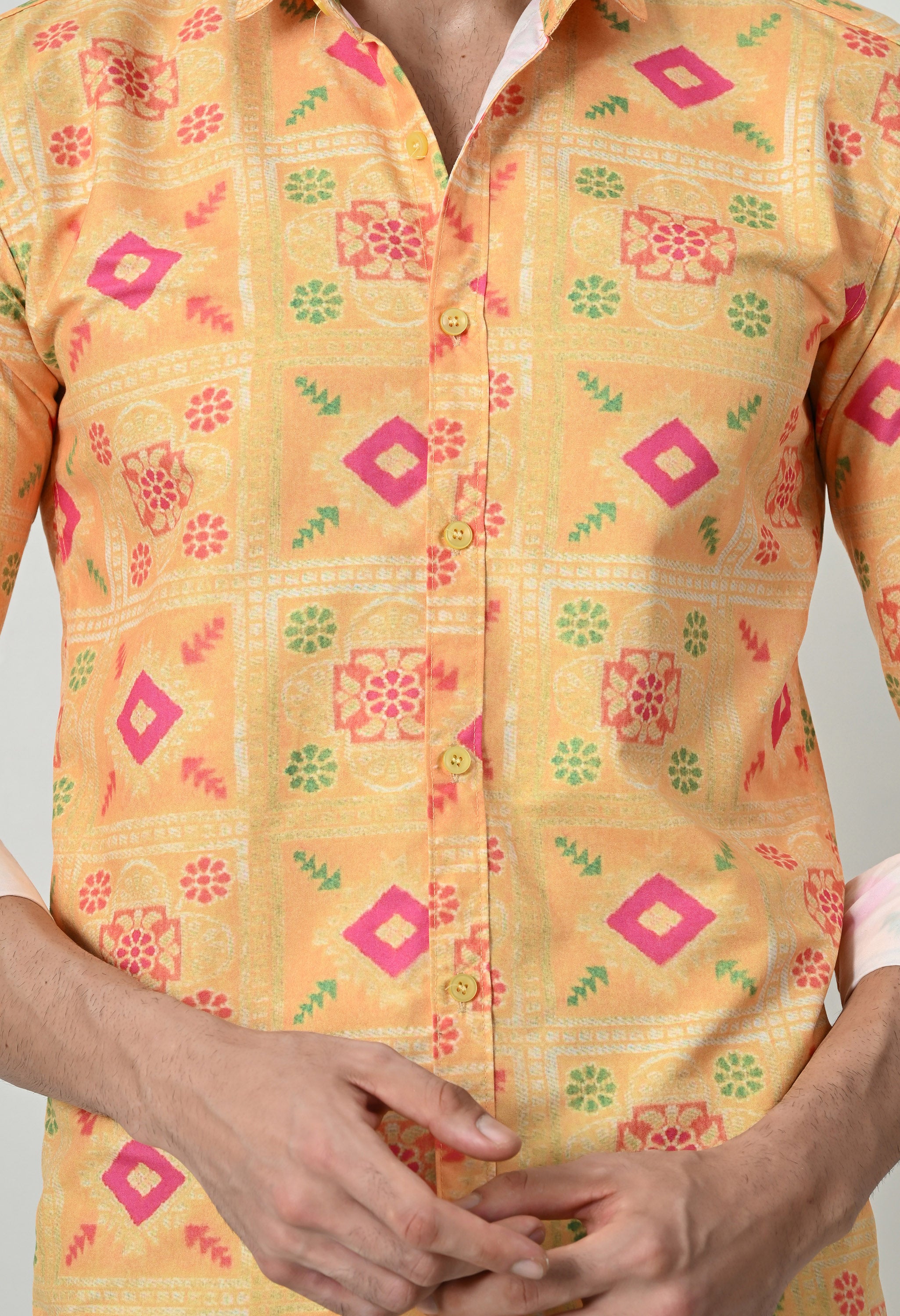 Yellow Bandhani Print Slim Fit Festive Ethnic Shirt