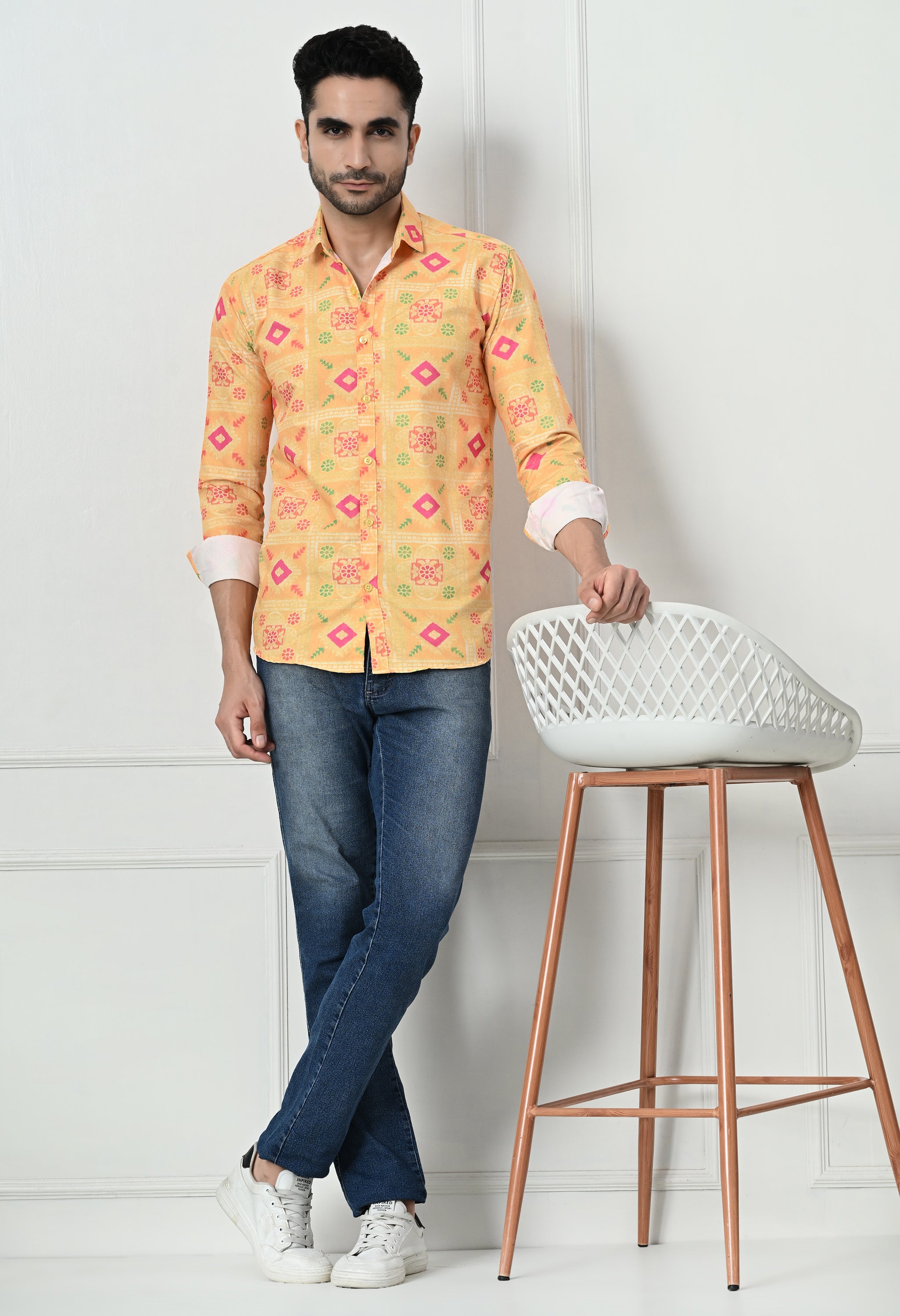 Yellow Bandhani Print Slim Fit Festive Ethnic Shirt