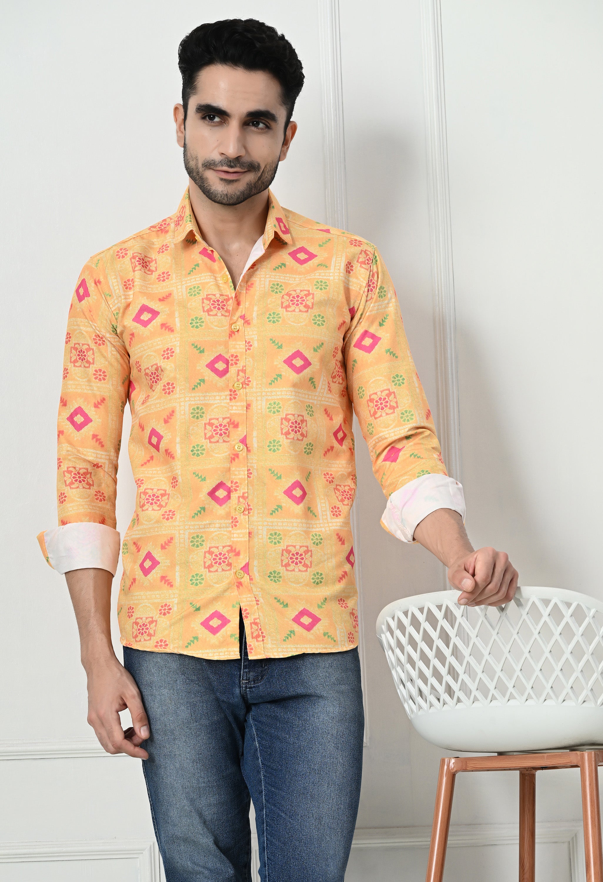 Yellow Bandhani Print Slim Fit Festive Ethnic Shirt