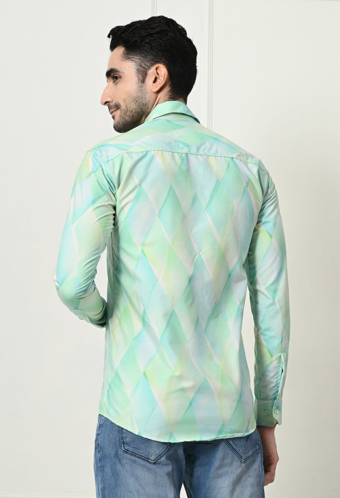 Mint Green Watercolor Diamond Print Slim Fit Shirt