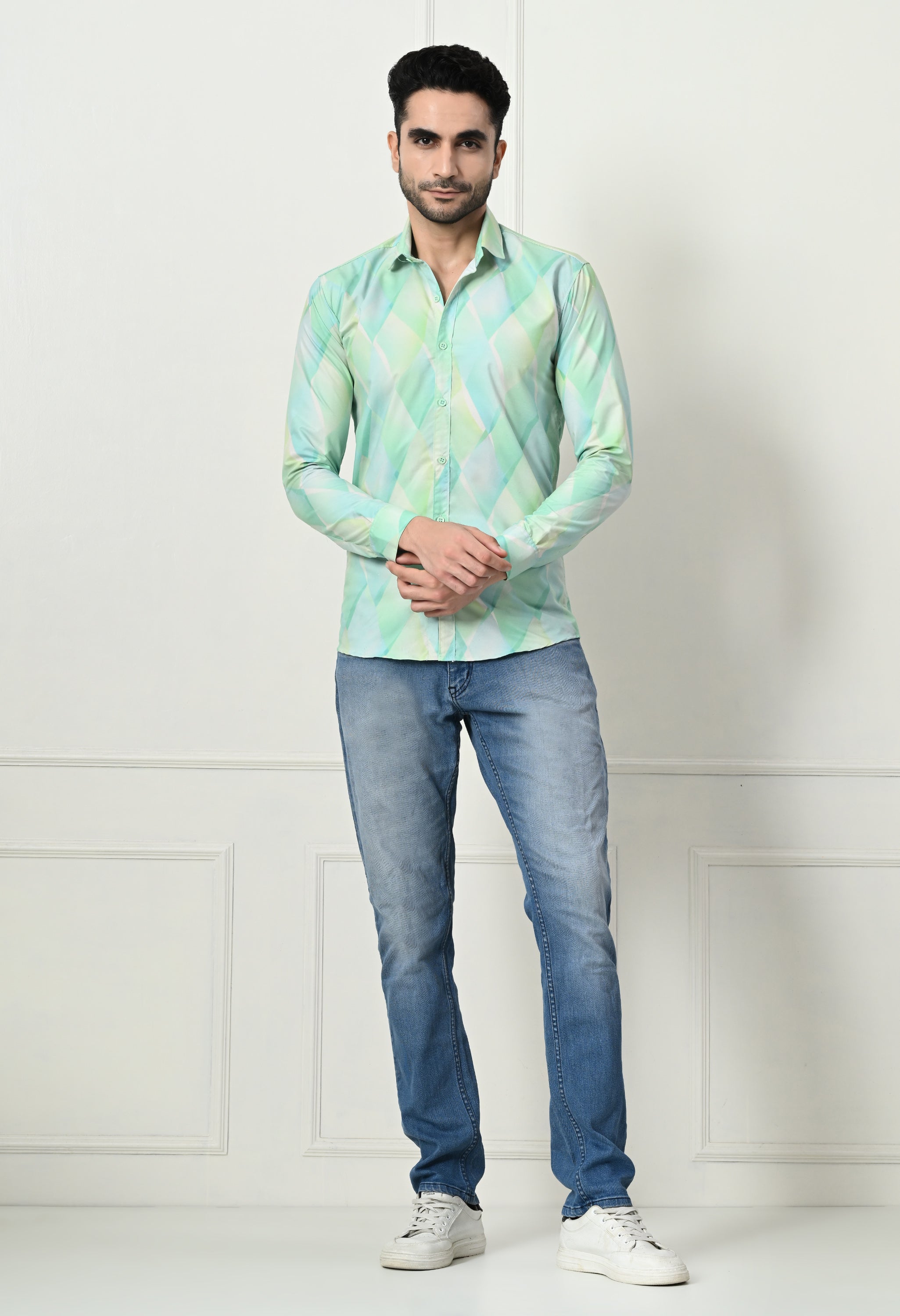 Mint Green Watercolor Diamond Print Slim Fit Shirt