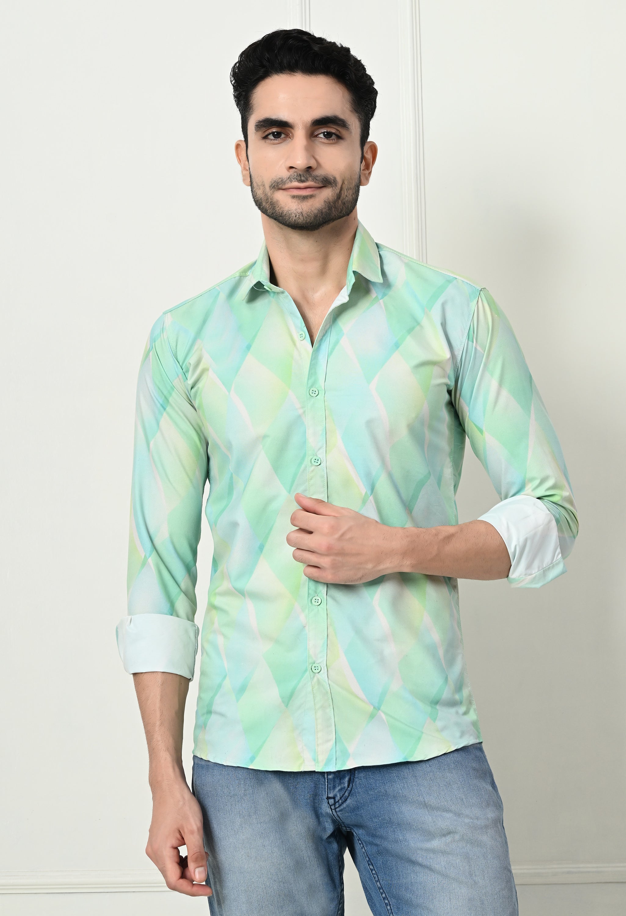 Mint Green Watercolor Diamond Print Slim Fit Shirt