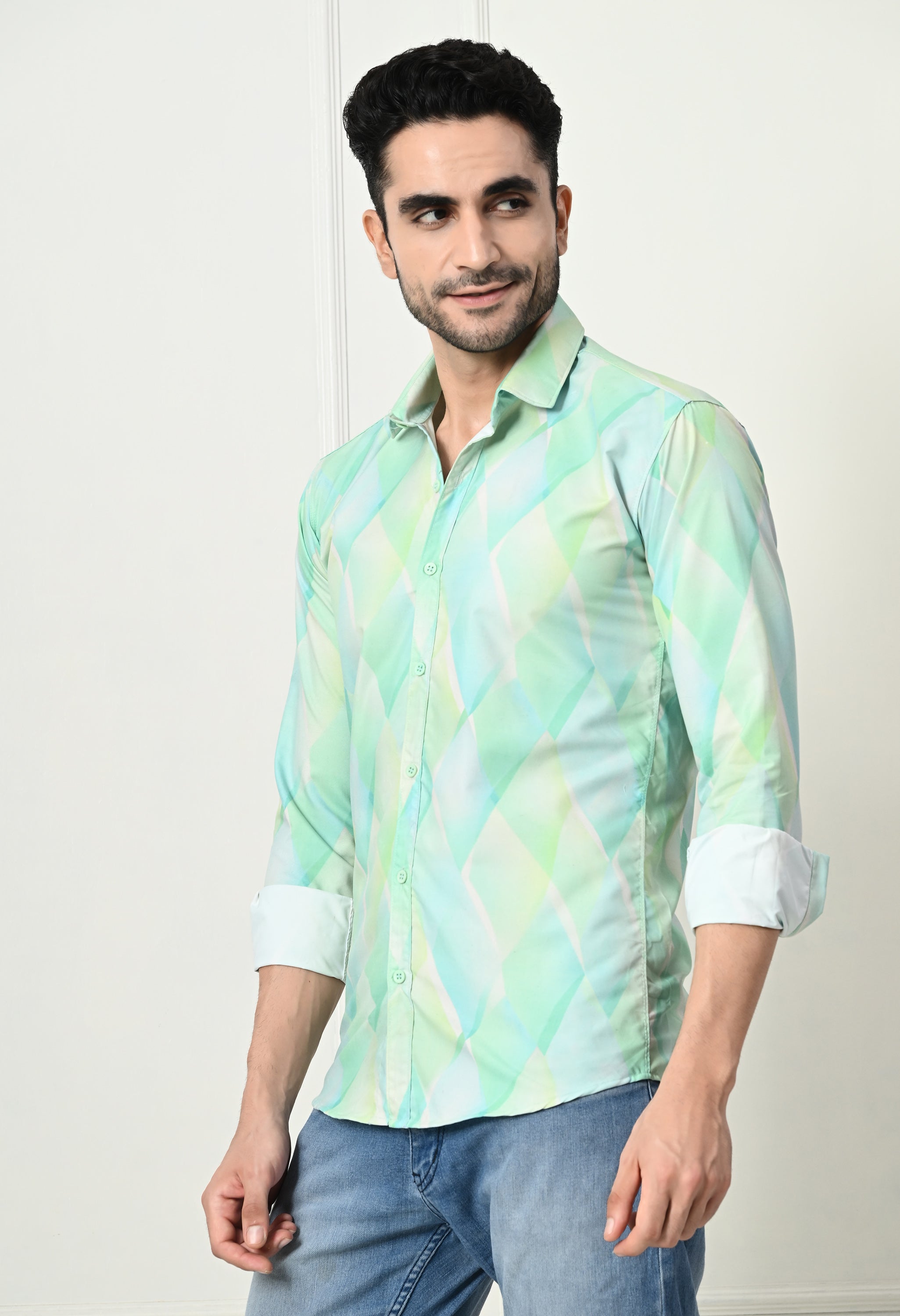 Mint Green Watercolor Diamond Print Slim Fit Shirt