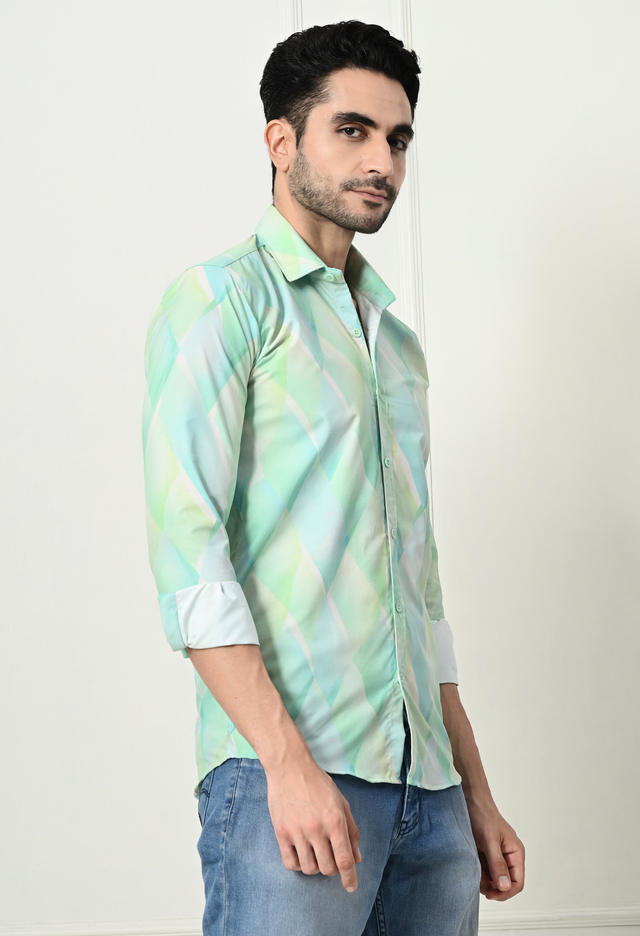 Mint Green Watercolor Diamond Print Slim Fit Shirt