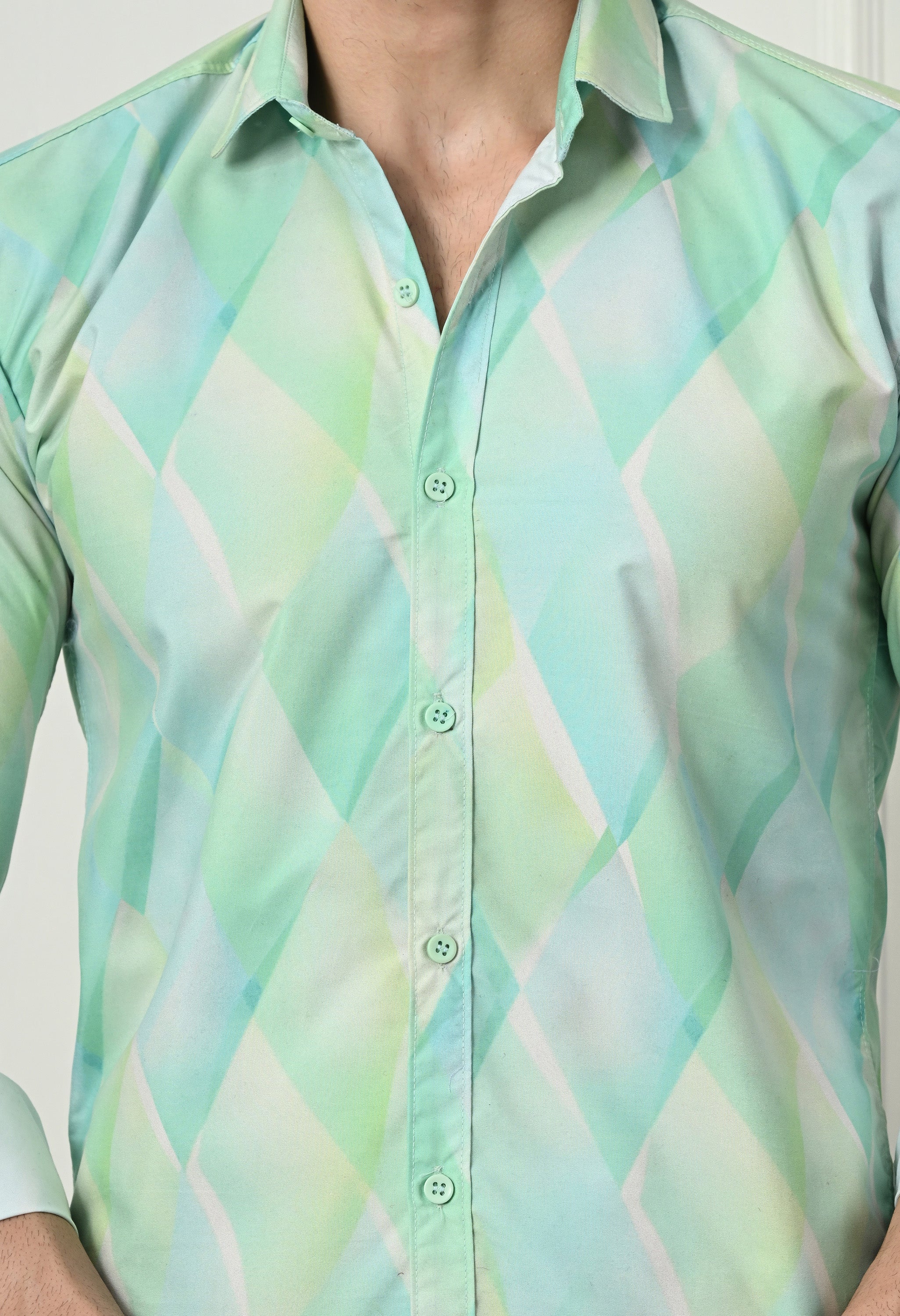 Mint Green Watercolor Diamond Print Slim Fit Shirt