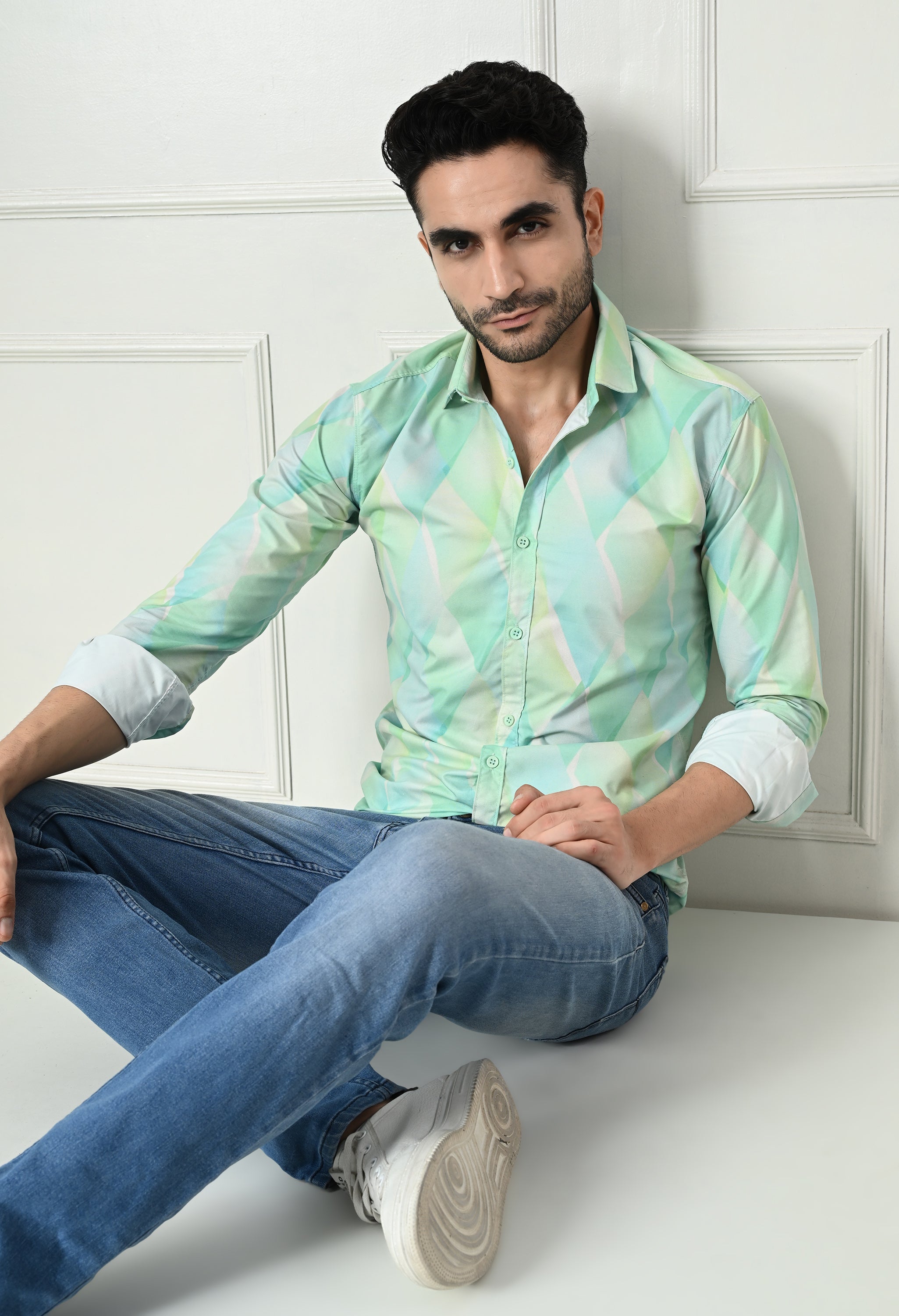 Mint Green Watercolor Diamond Print Slim Fit Shirt