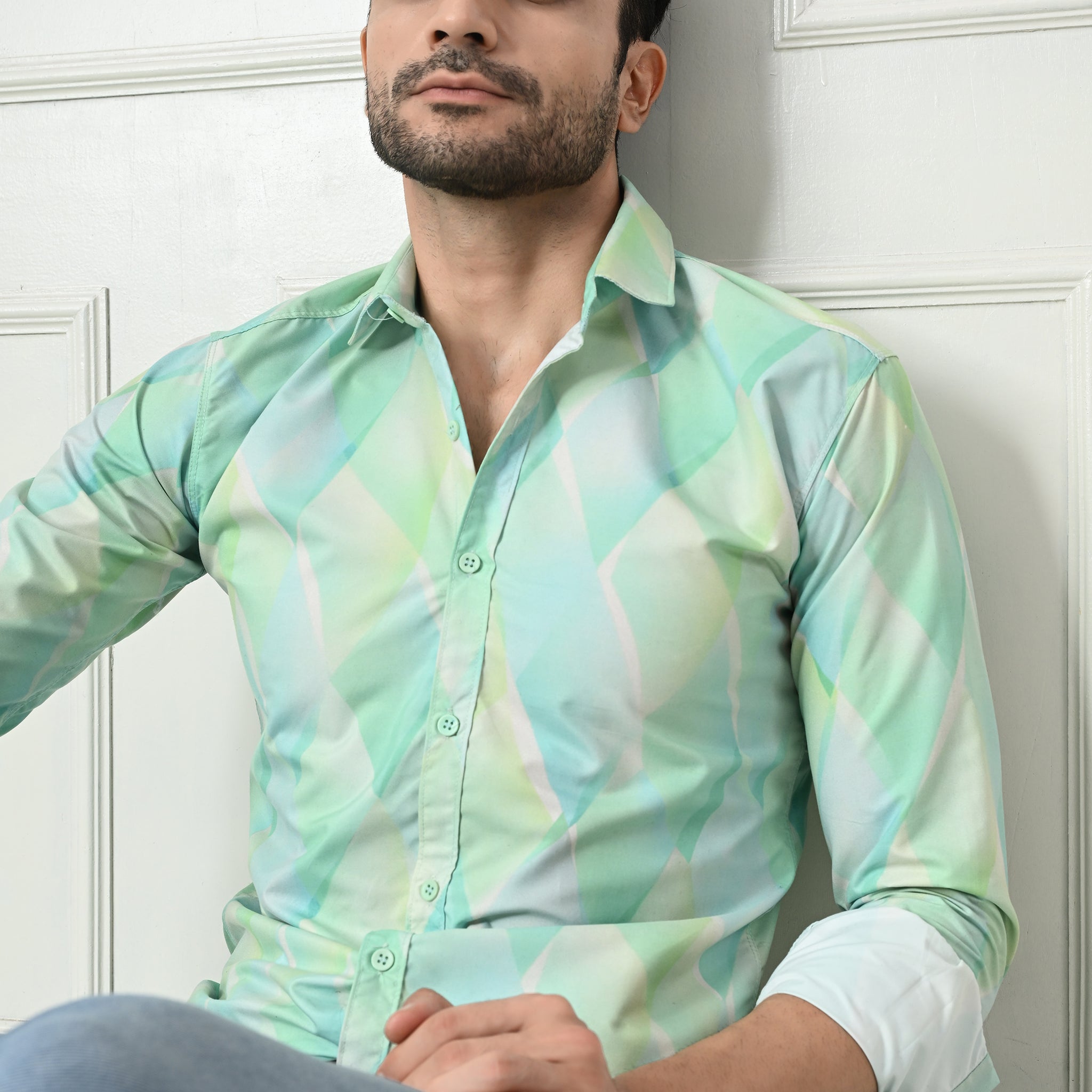 Mint Green Watercolor Diamond Print Slim Fit Shirt