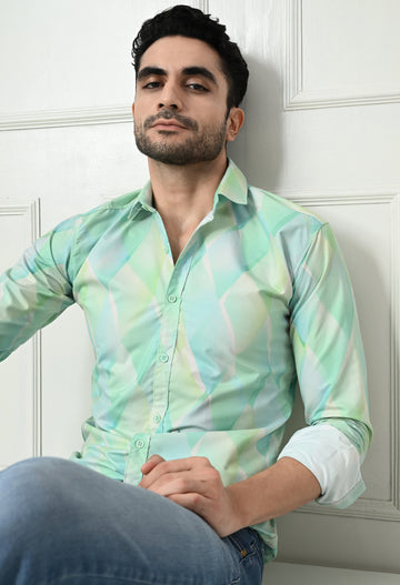 Mint Green Watercolor Diamond Print Slim Fit Shirt