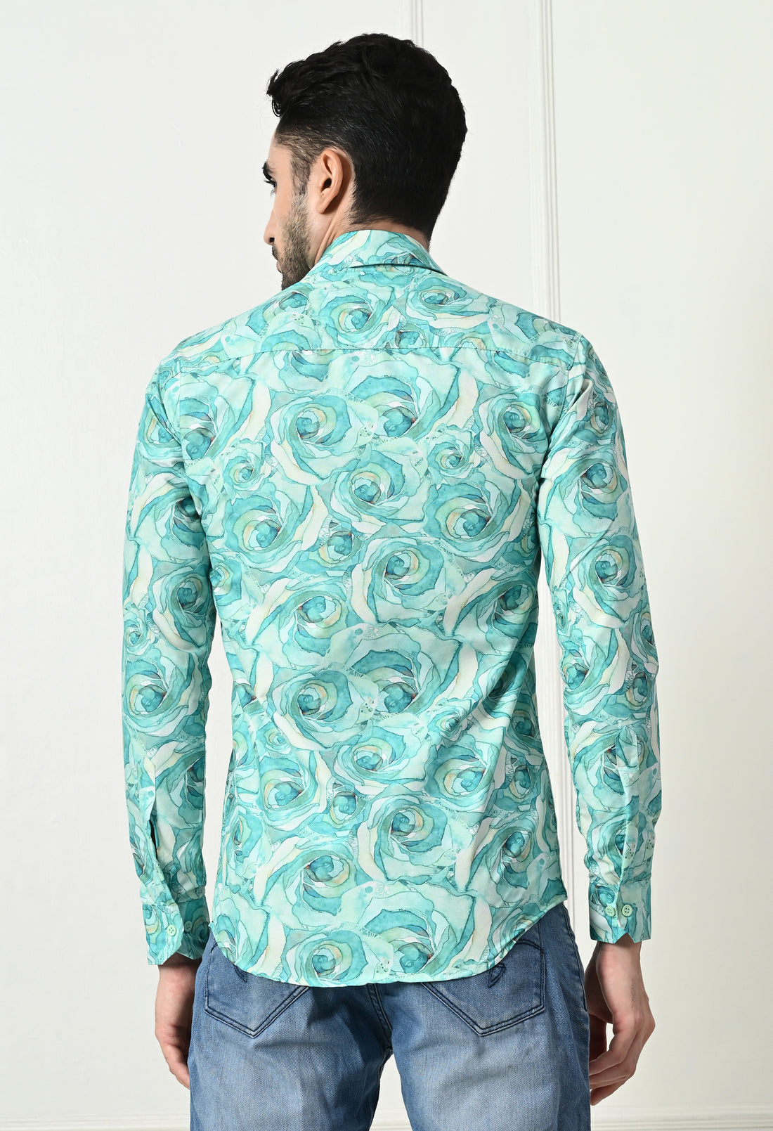 Sea Green Marble Print Slim Fit Casual Shirt