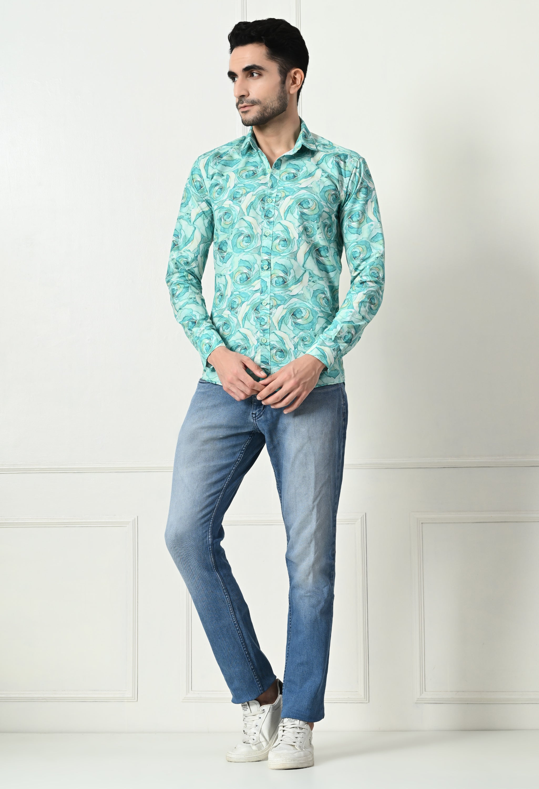 Sea Green Marble Print Slim Fit Casual Shirt