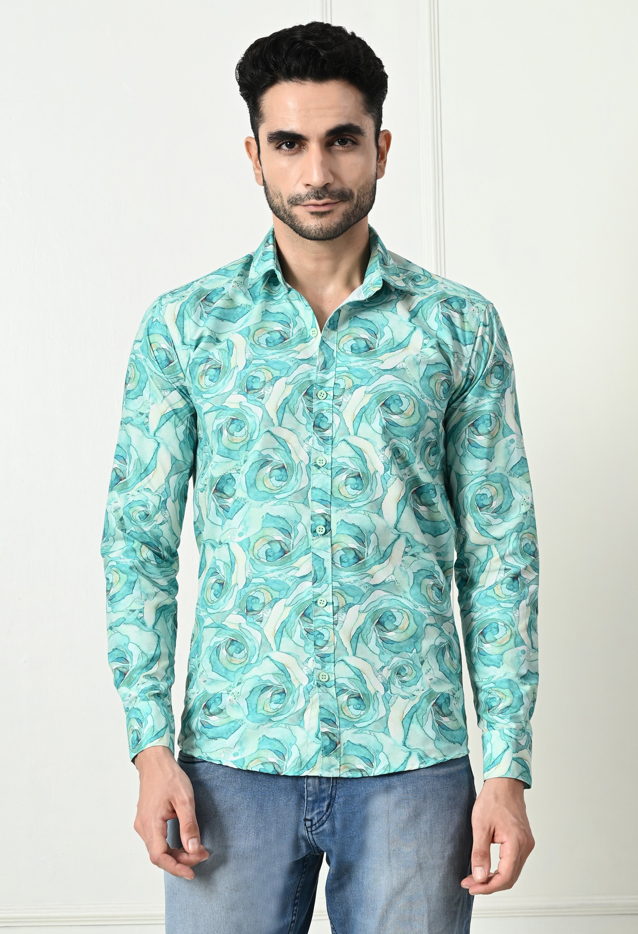 Sea Green Marble Print Slim Fit Casual Shirt