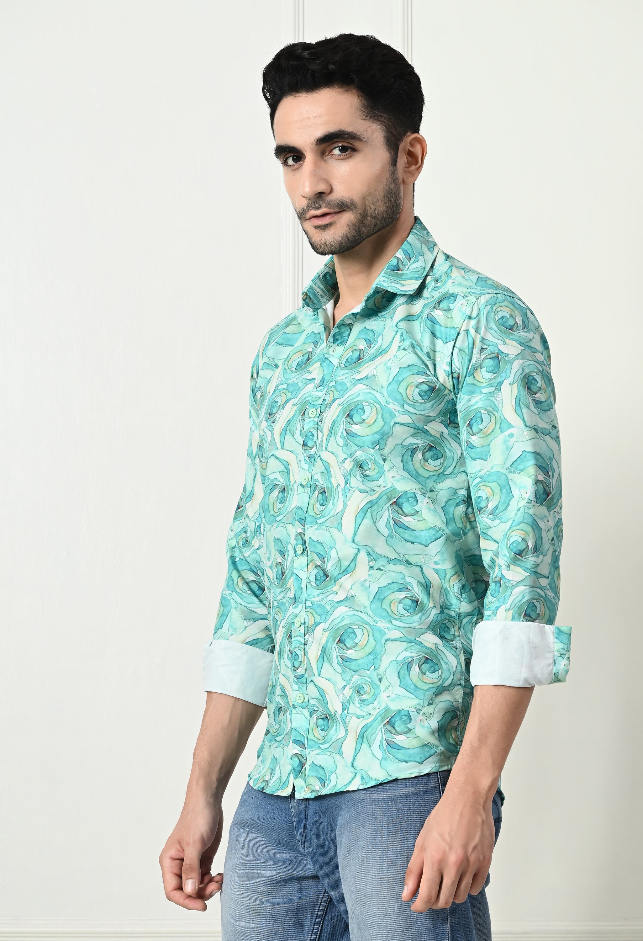 Sea Green Marble Print Slim Fit Casual Shirt