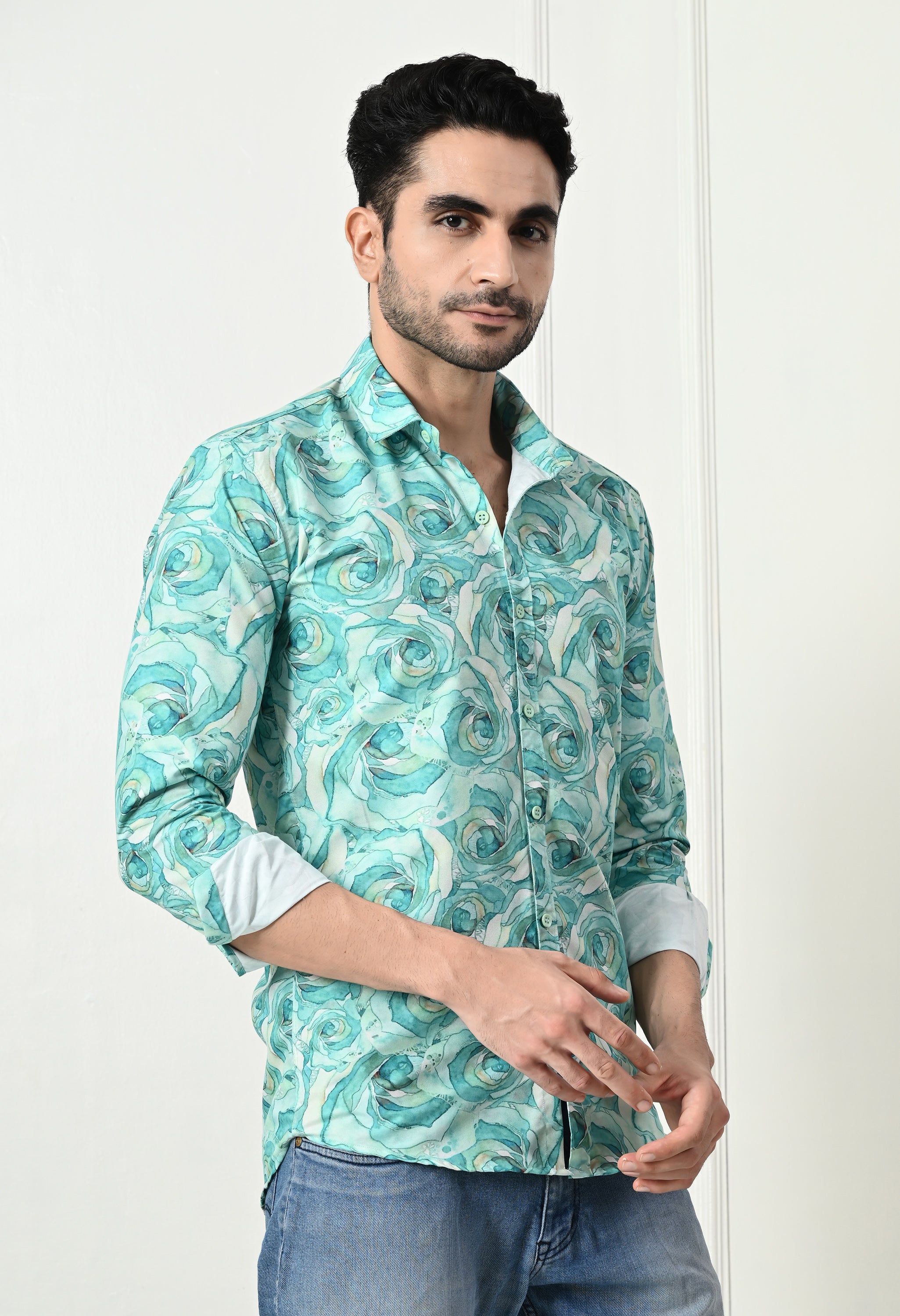 Sea Green Marble Print Slim Fit Casual Shirt