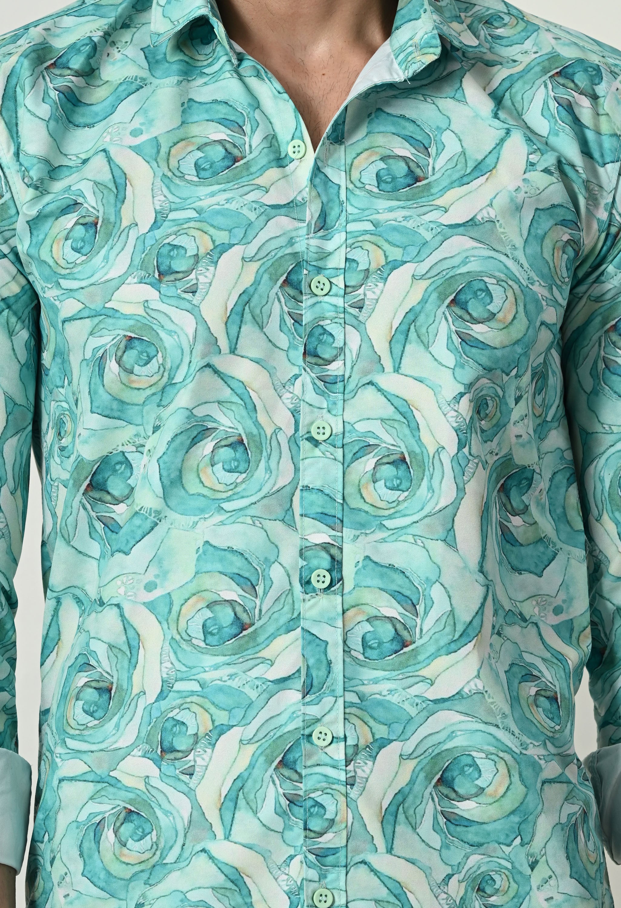 Sea Green Marble Print Slim Fit Casual Shirt