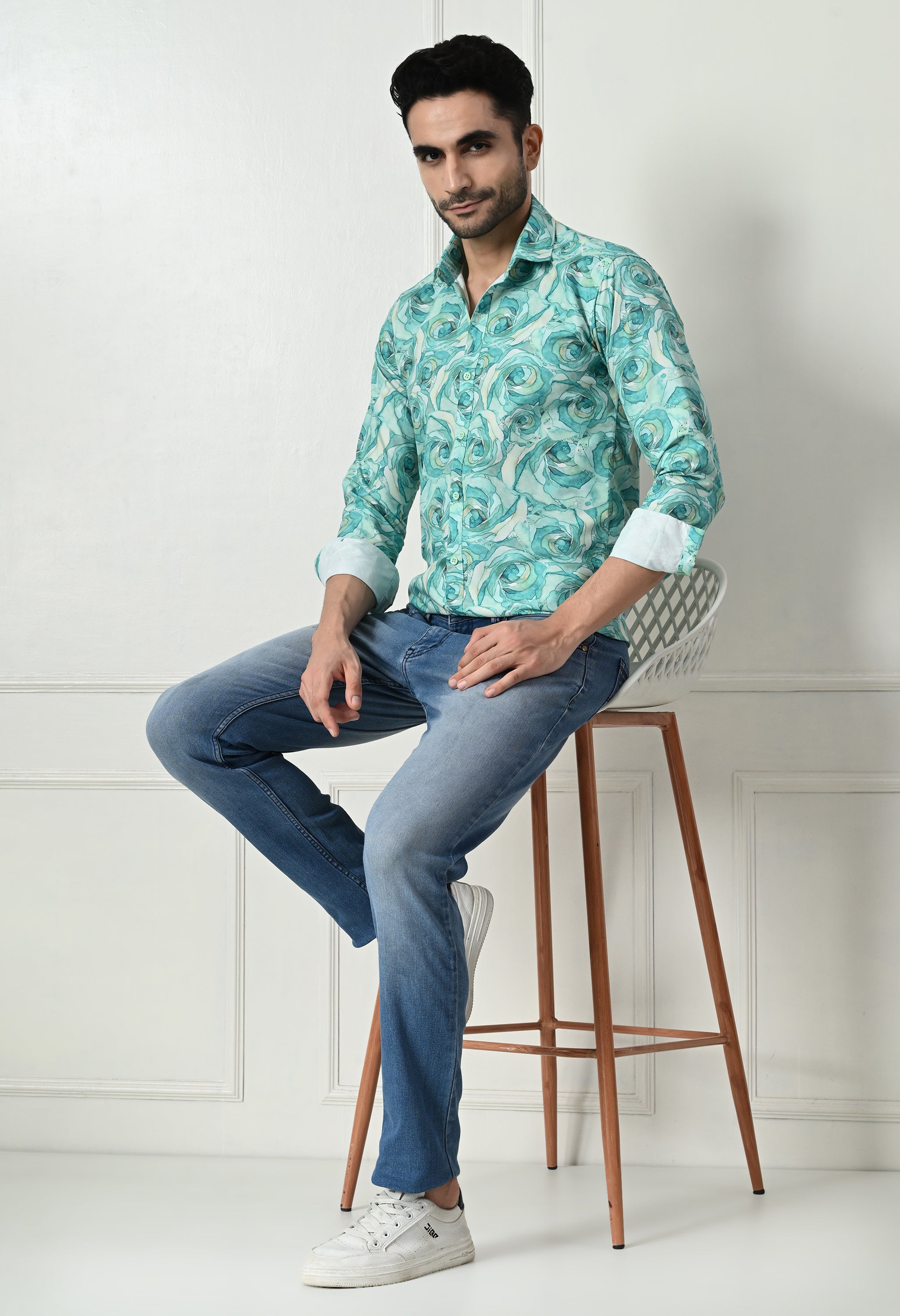 Sea Green Marble Print Slim Fit Casual Shirt