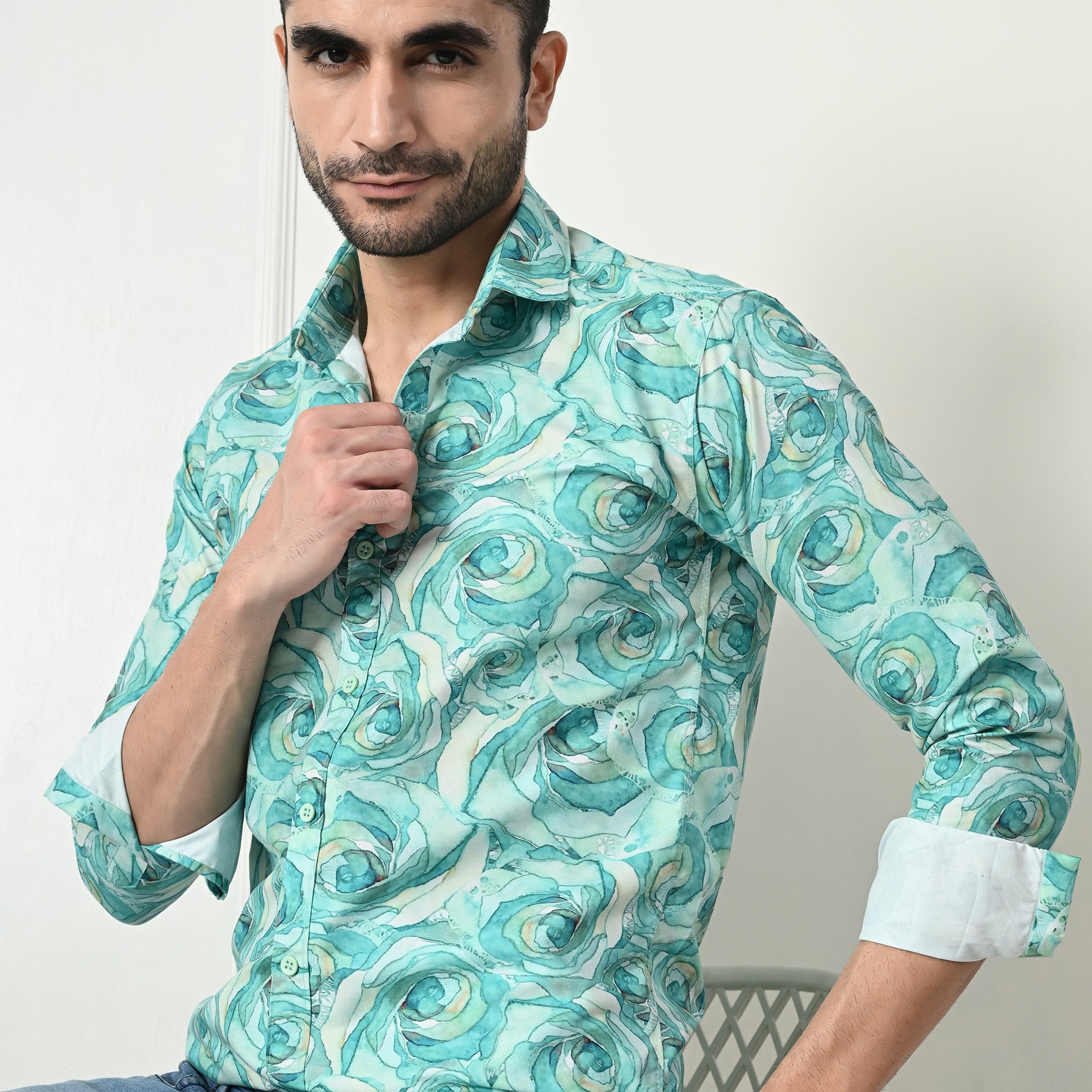 Sea Green Marble Print Slim Fit Casual Shirt