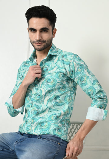 Sea Green Marble Print Slim Fit Casual Shirt