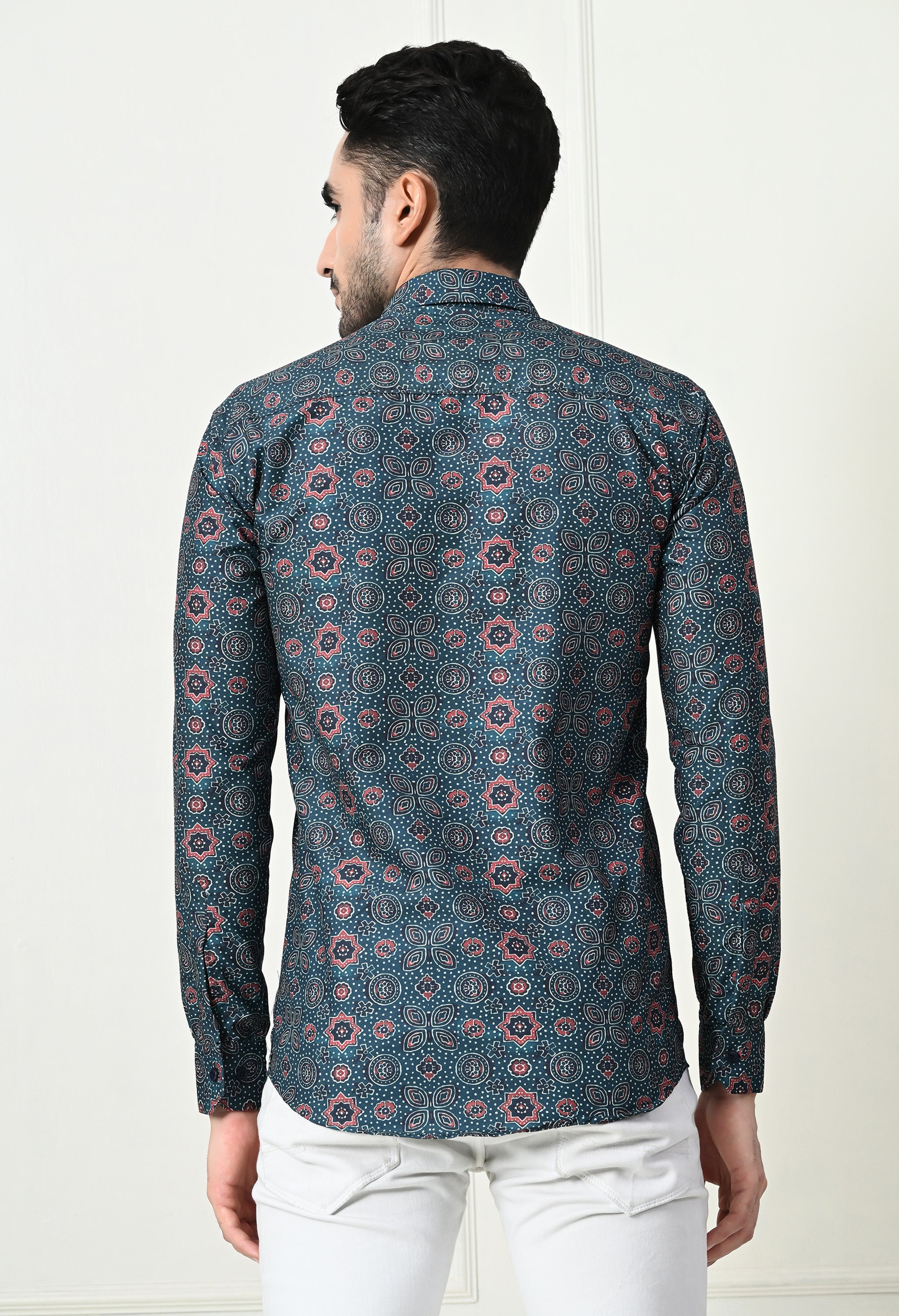 Dark Teal Medallion Print Slim Fit Party Wear Shirt