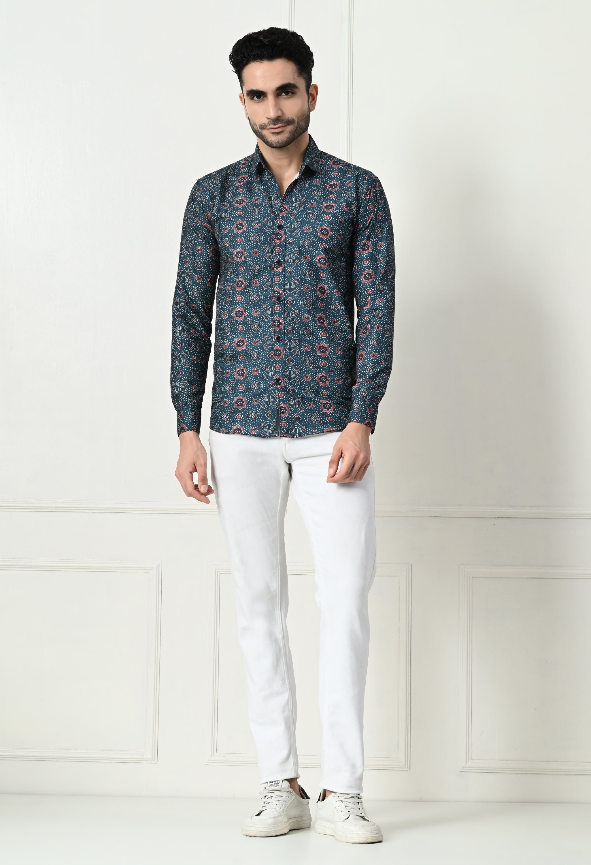 Dark Teal Medallion Print Slim Fit Party Wear Shirt