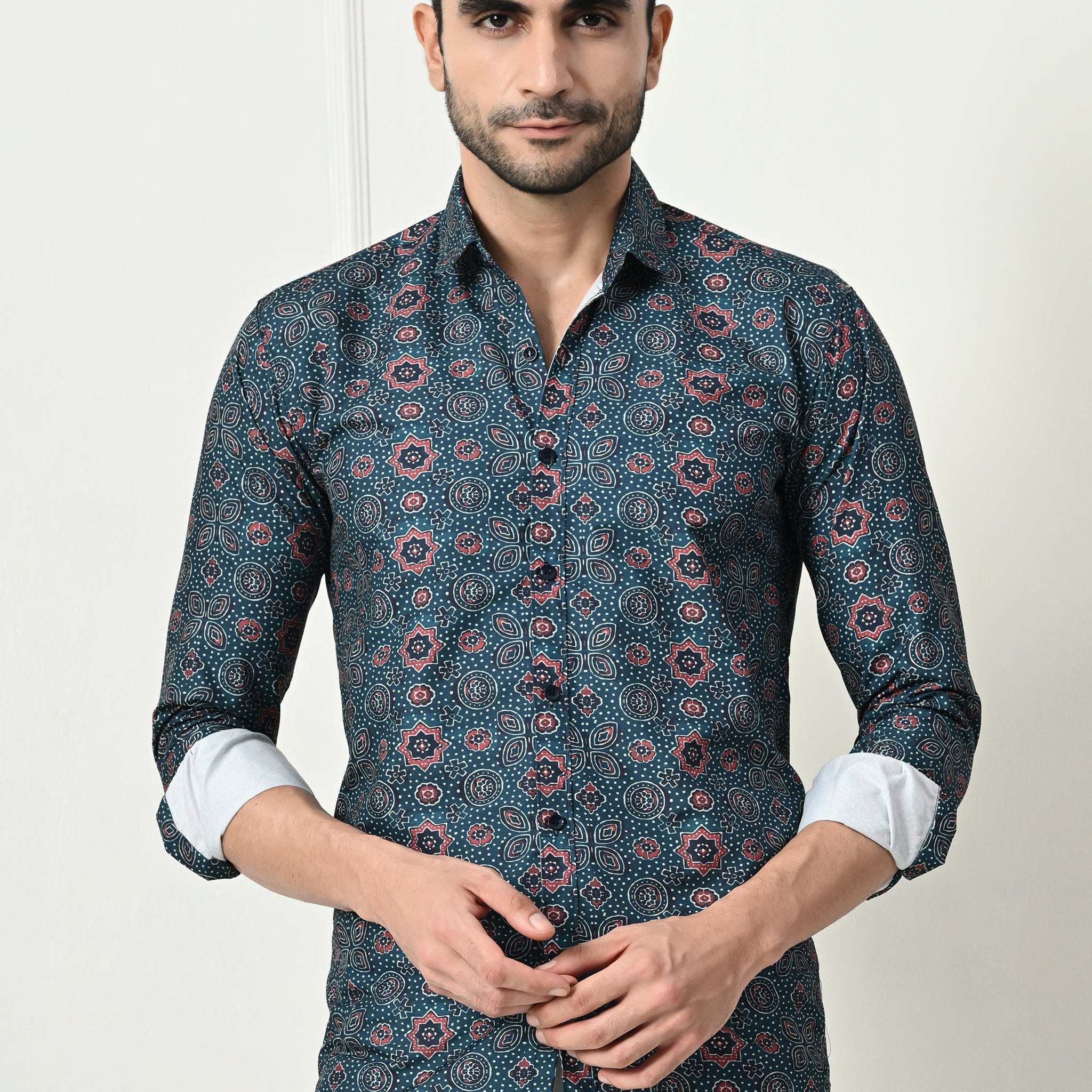 Dark Teal Medallion Print Slim Fit Party Wear Shirt