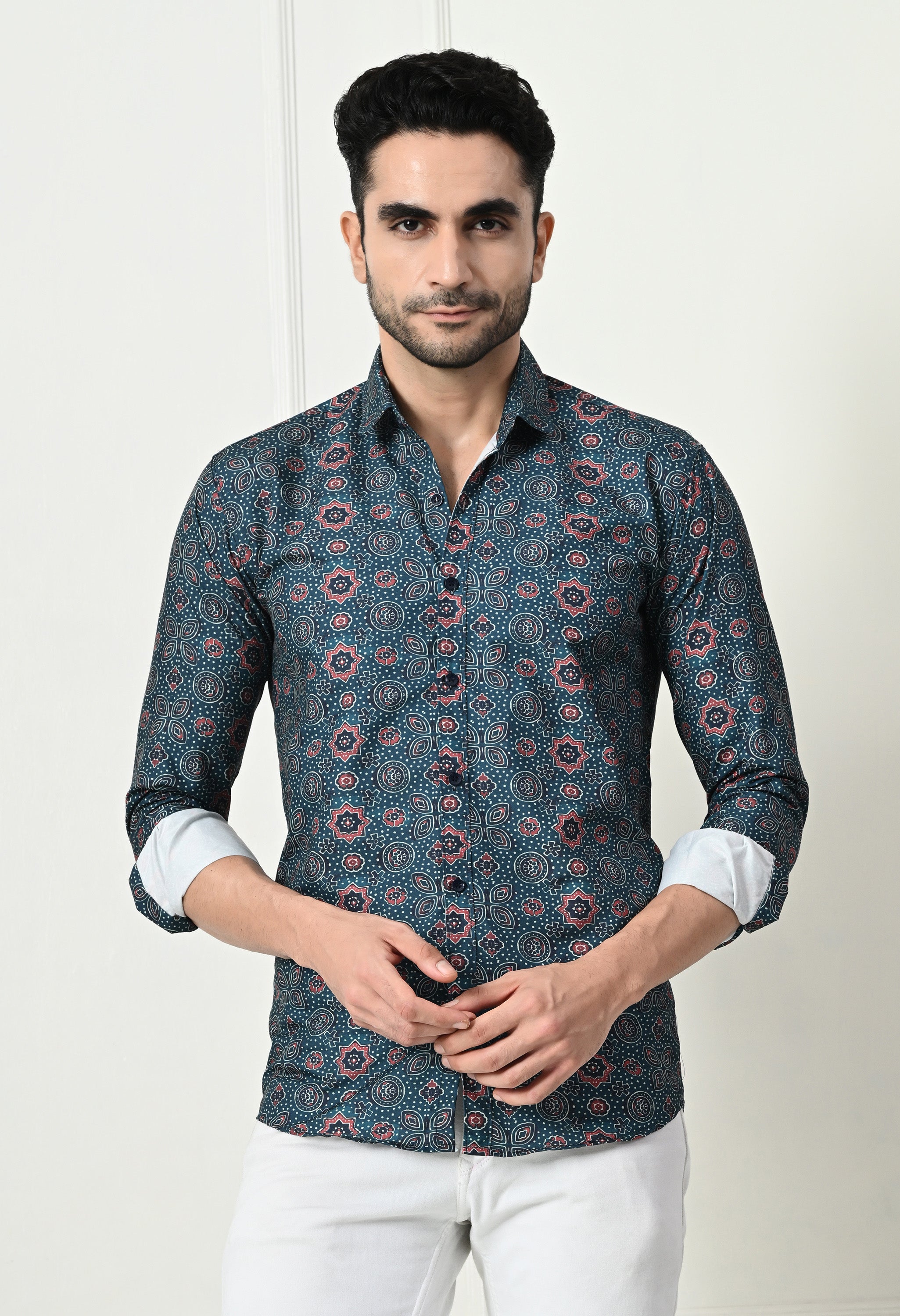 Dark Teal Medallion Print Slim Fit Party Wear Shirt