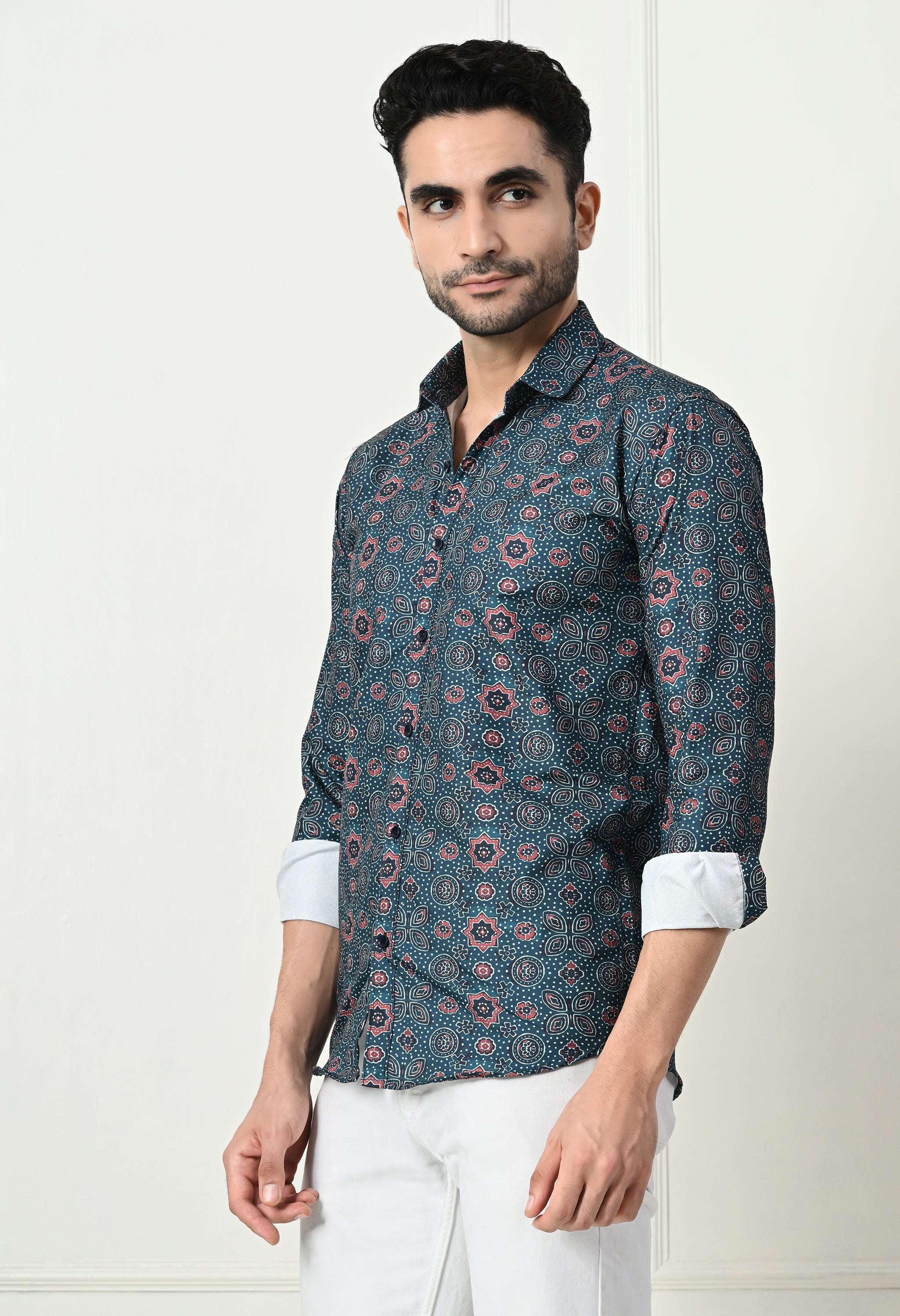 Dark Teal Medallion Print Slim Fit Party Wear Shirt