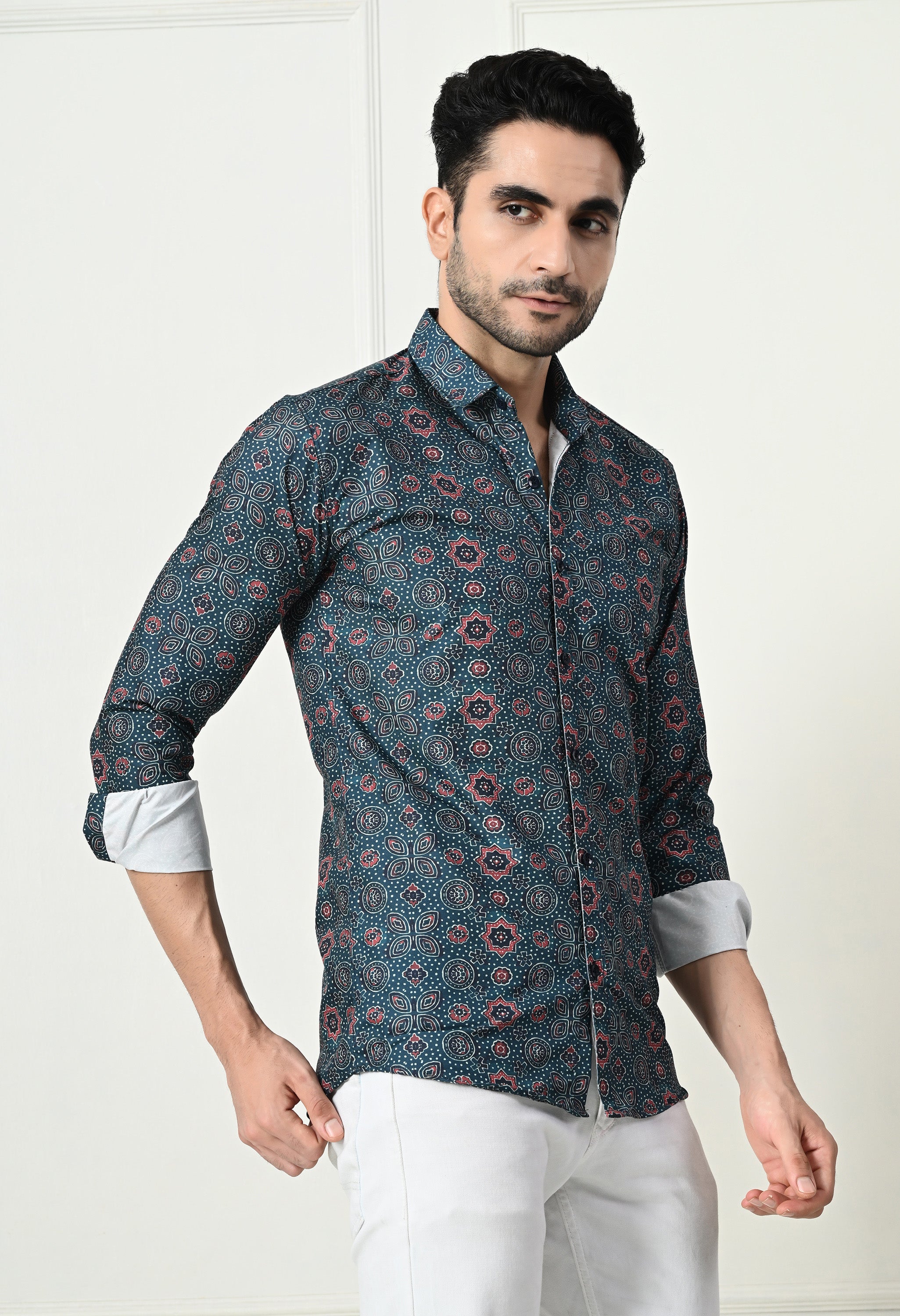 Dark Teal Medallion Print Slim Fit Party Wear Shirt