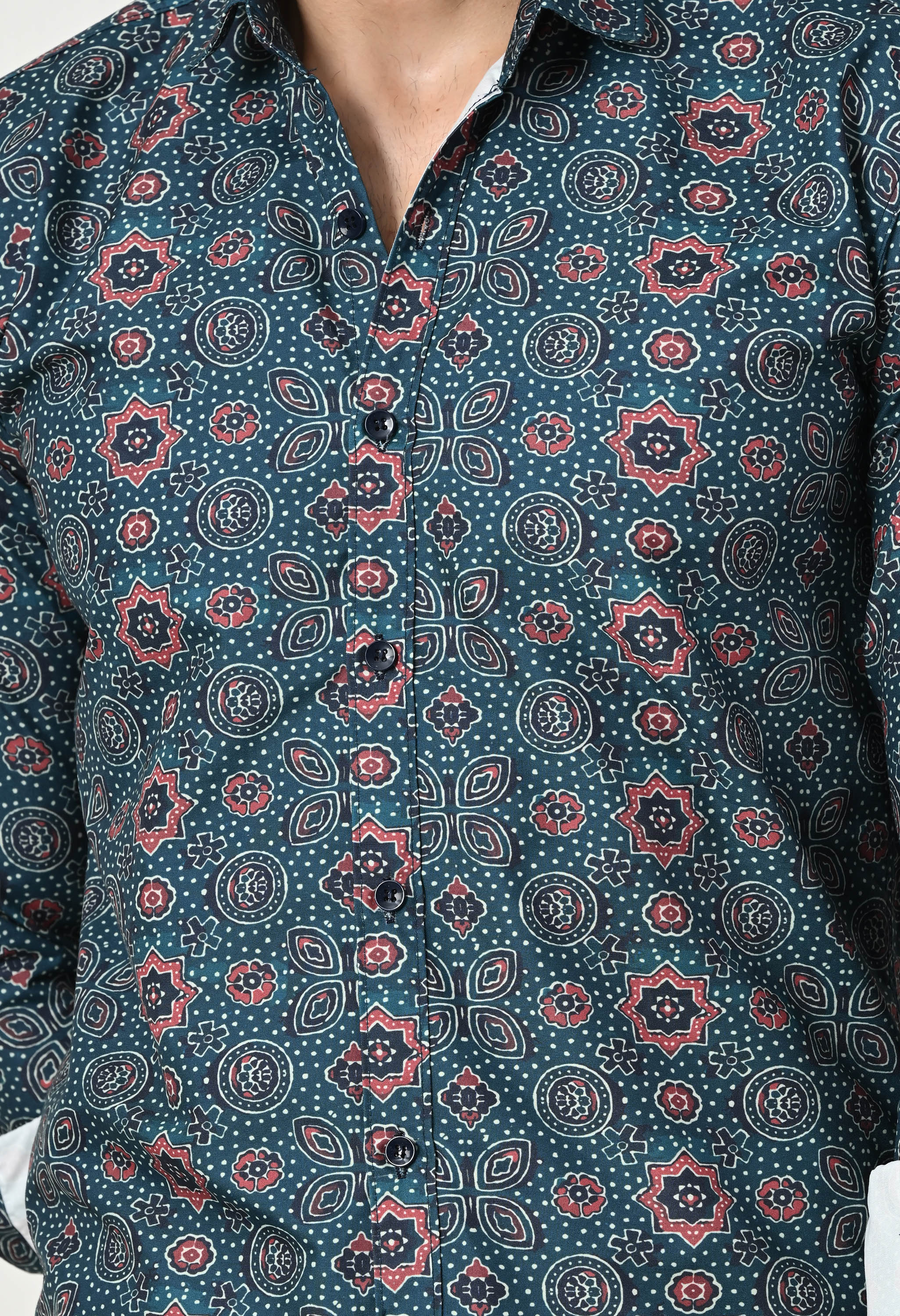 Dark Teal Medallion Print Slim Fit Party Wear Shirt