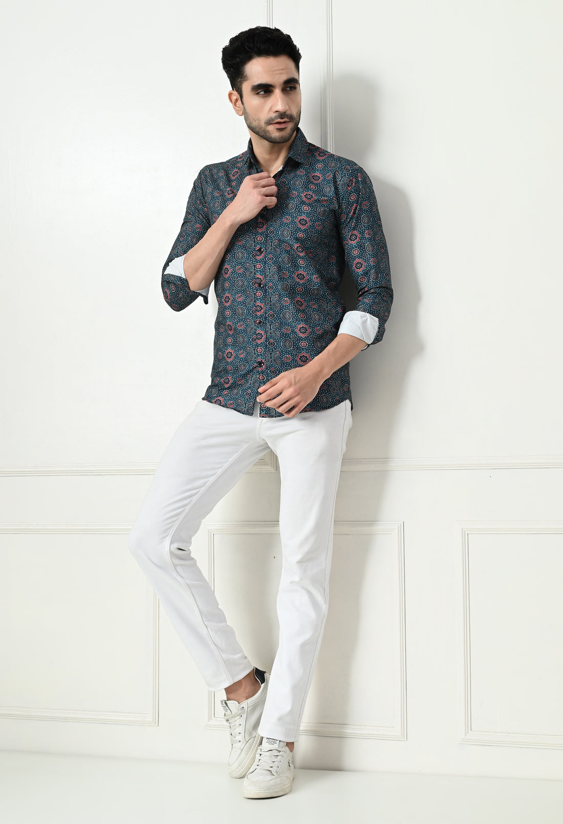 Dark Teal Medallion Print Slim Fit Party Wear Shirt