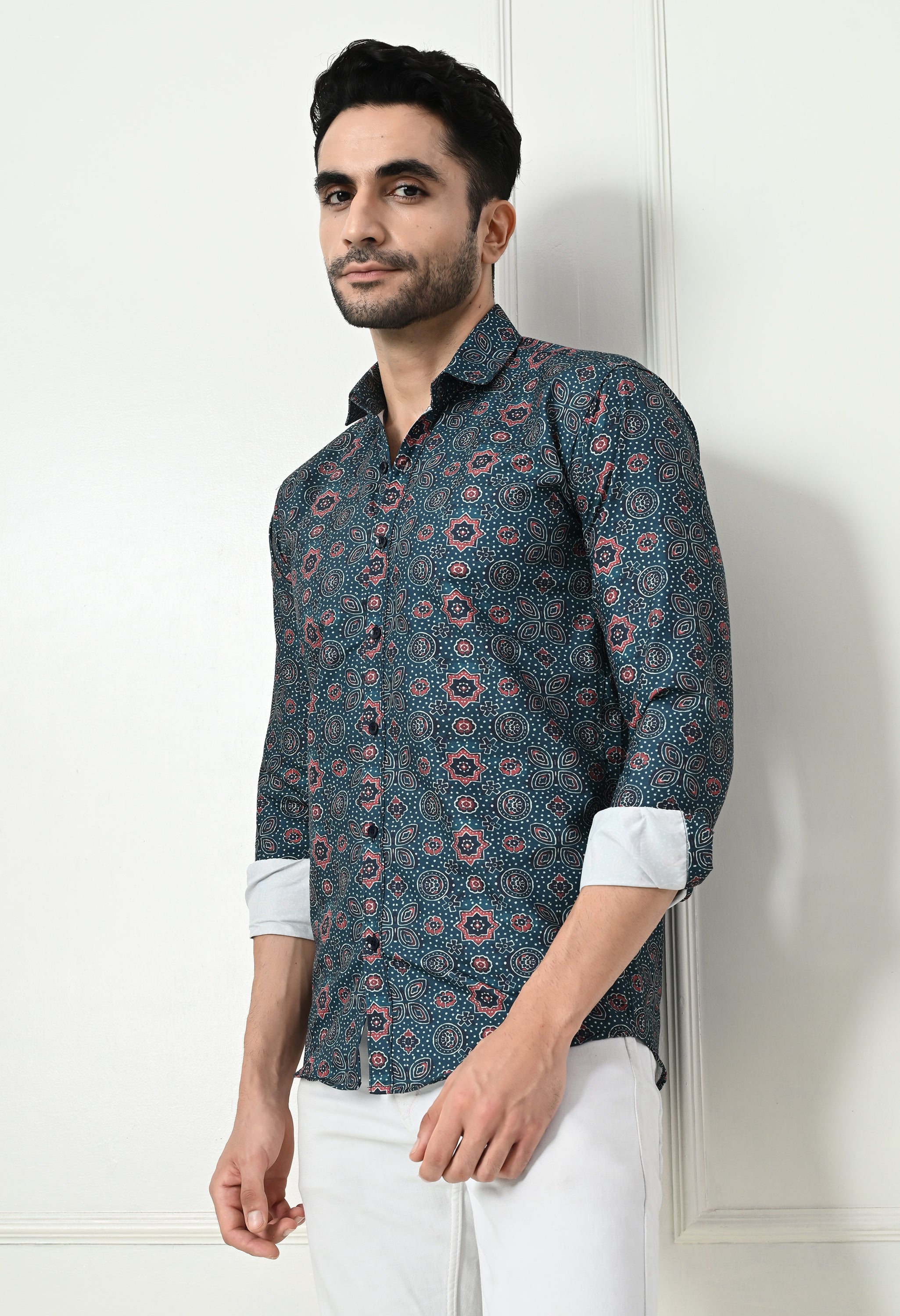Dark Teal Medallion Print Slim Fit Party Wear Shirt