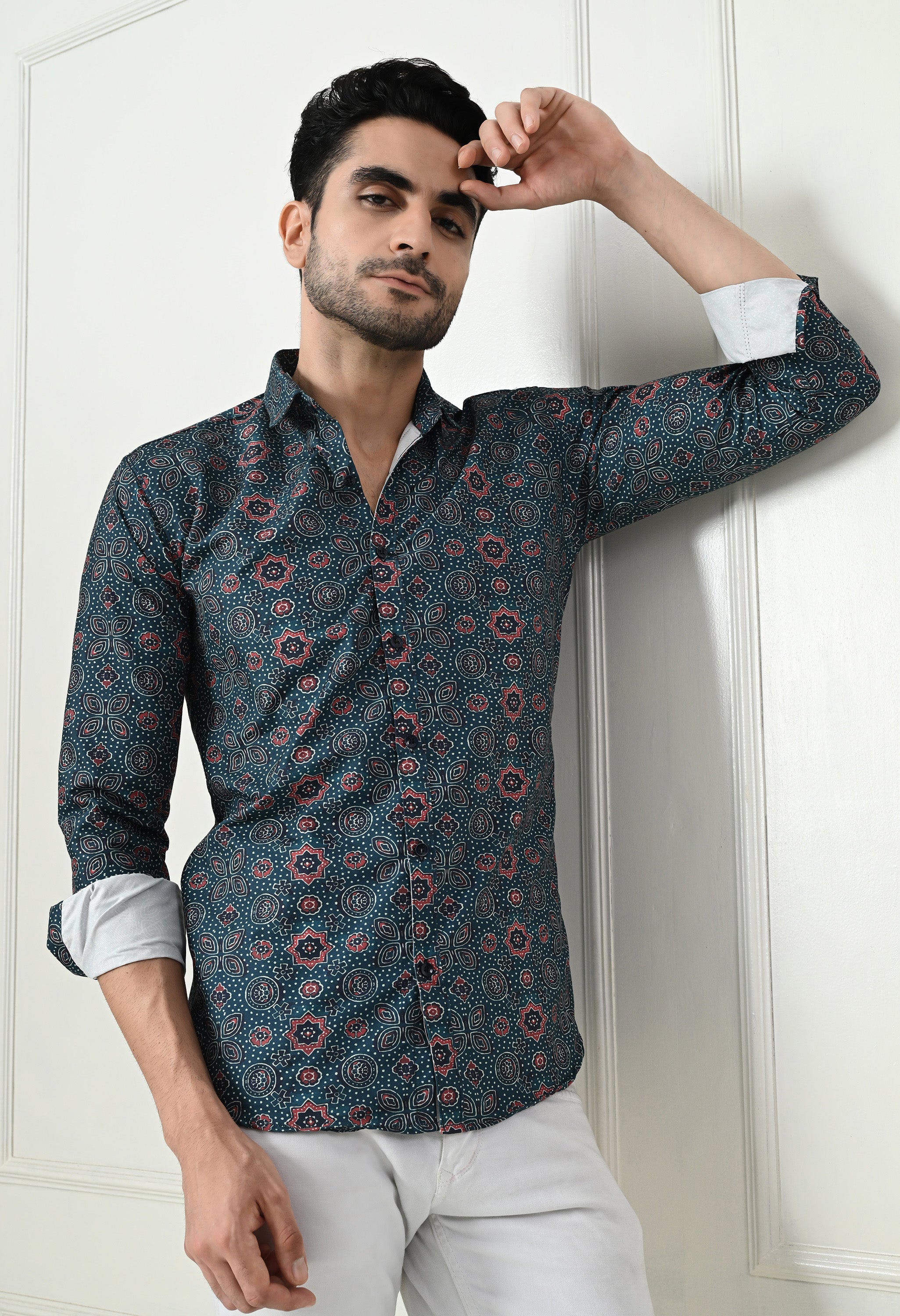 Dark Teal Medallion Print Slim Fit Party Wear Shirt