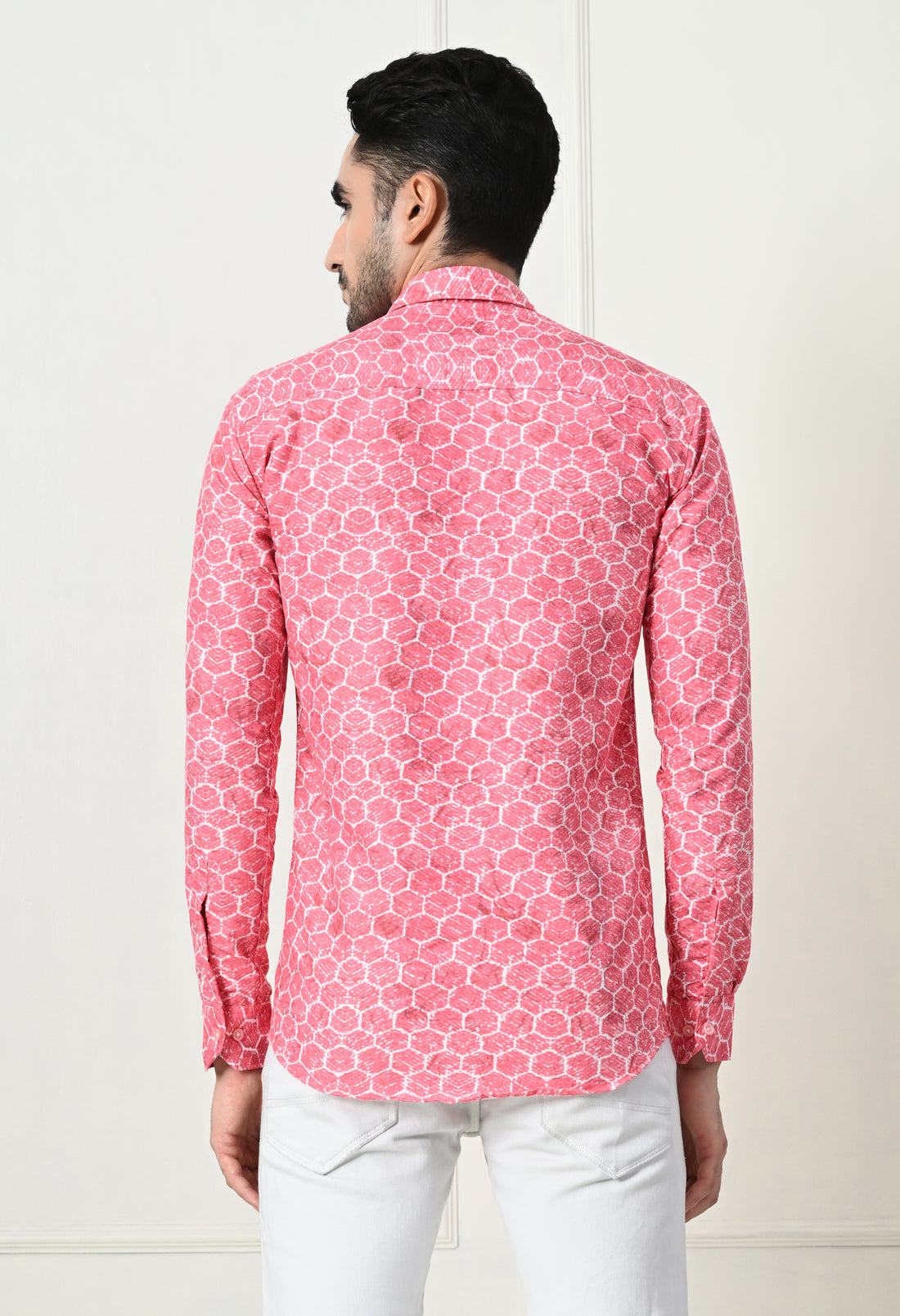 Coral Pink Geometric Circle Print Slim Fit Shirt