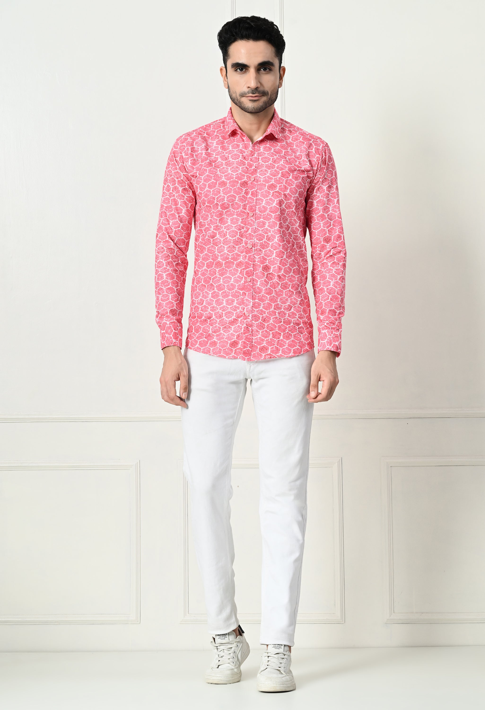 Coral Pink Geometric Circle Print Slim Fit Shirt