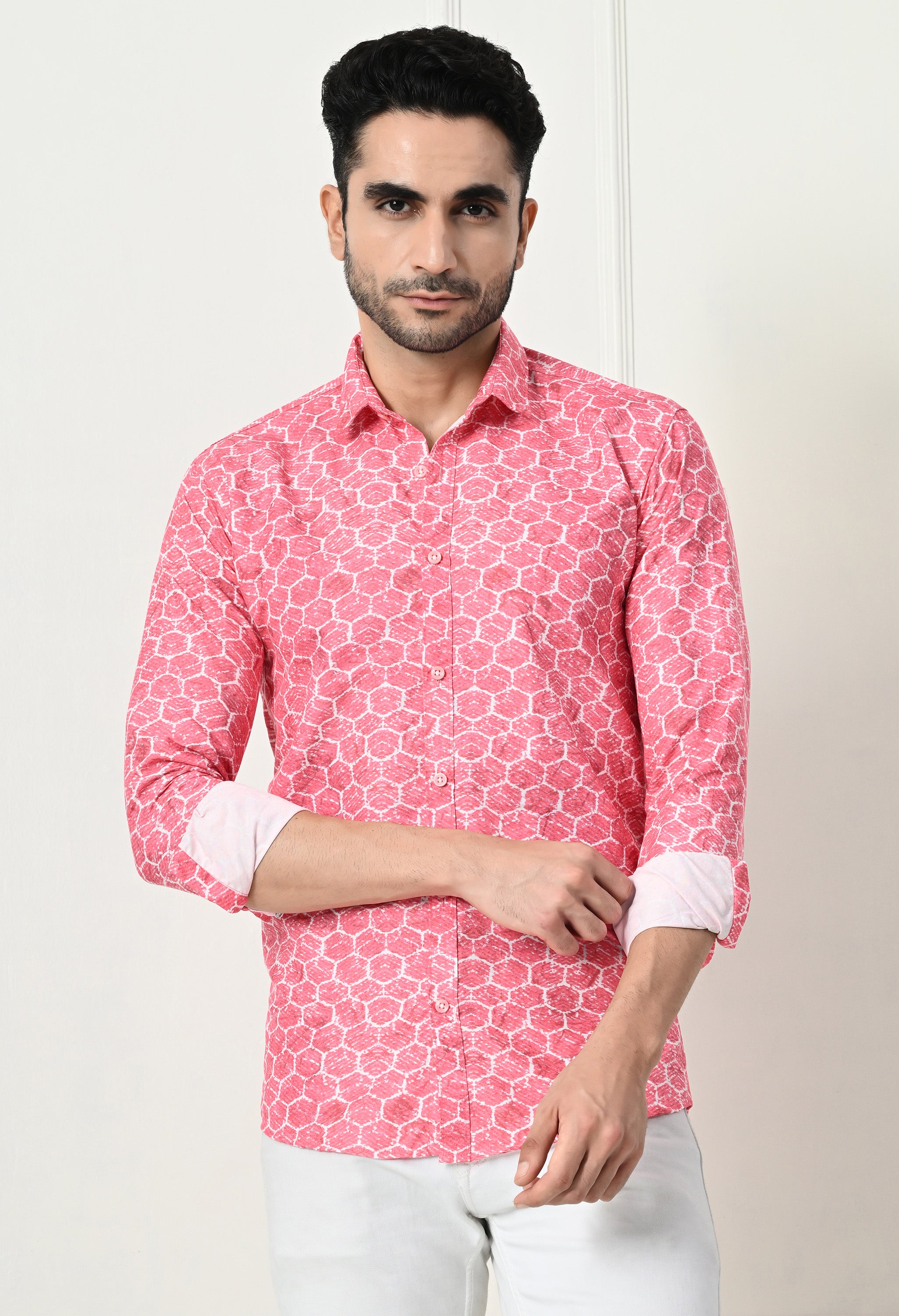 Coral Pink Geometric Circle Print Slim Fit Shirt