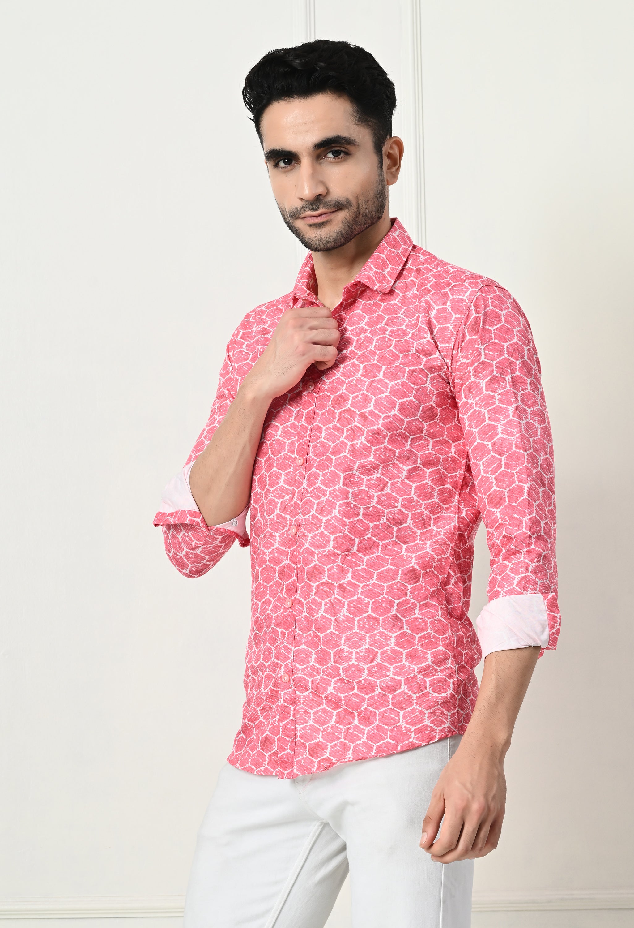 Coral Pink Geometric Circle Print Slim Fit Shirt