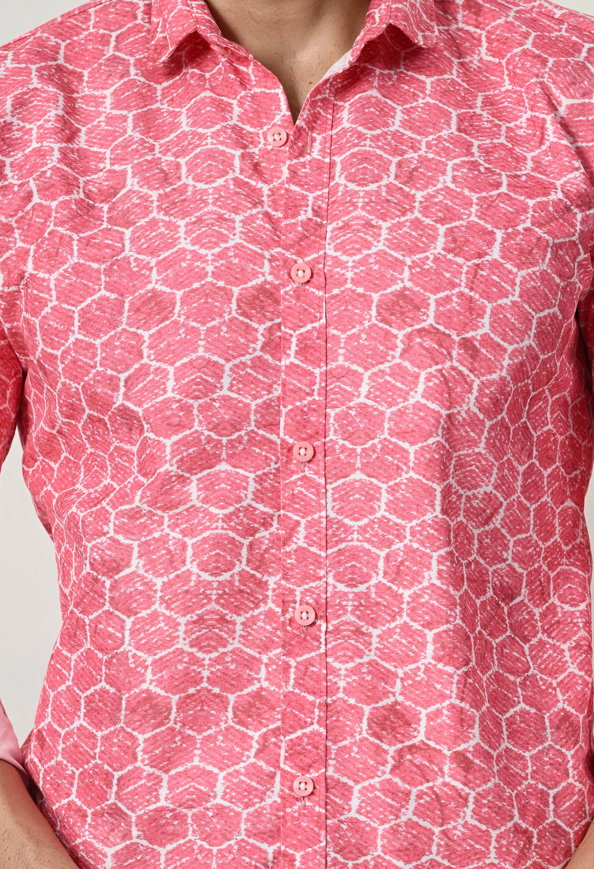 Coral Pink Geometric Circle Print Slim Fit Shirt