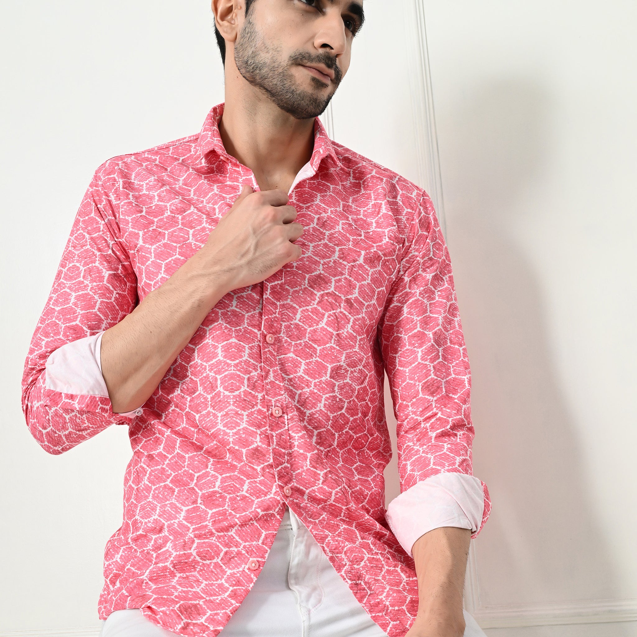 Coral Pink Geometric Circle Print Slim Fit Shirt