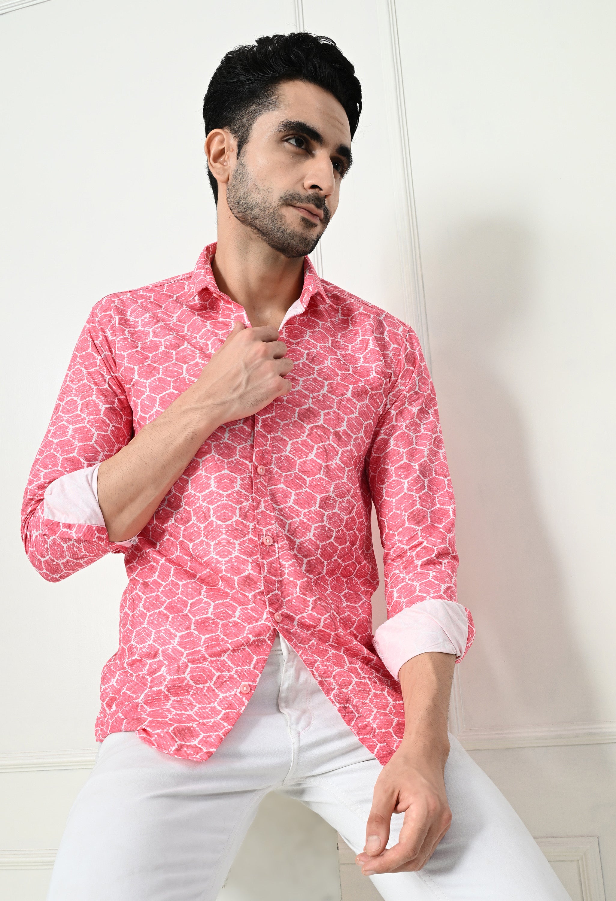 Coral Pink Geometric Circle Print Slim Fit Shirt