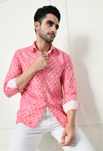 Coral Pink Geometric Circle Print Slim Fit Shirt
