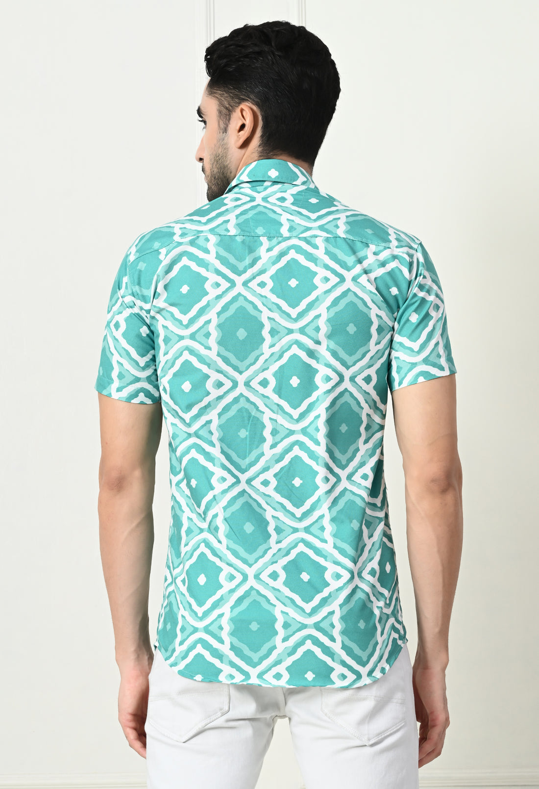 Sea Green Ikat Print Slim Fit Half-Sleeve Shirt