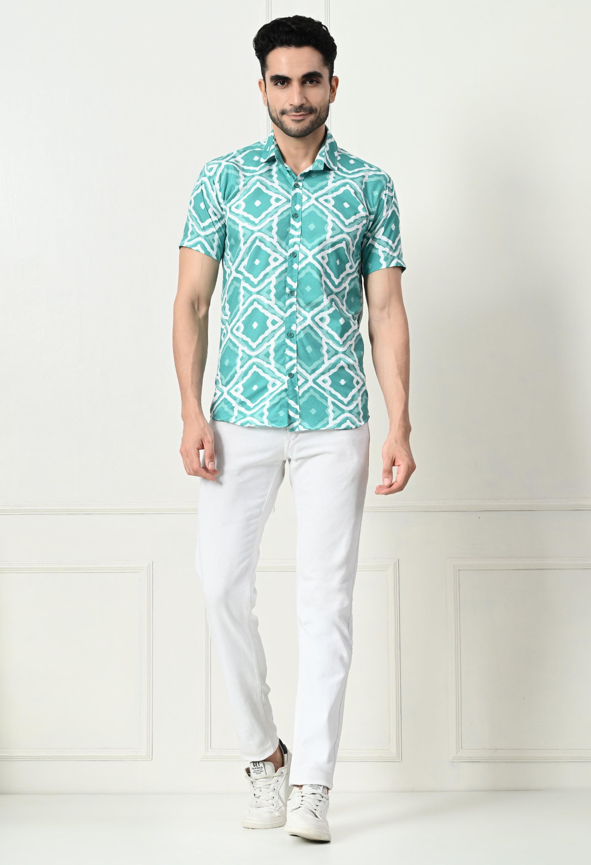 Sea Green Ikat Print Slim Fit Half-Sleeve Shirt