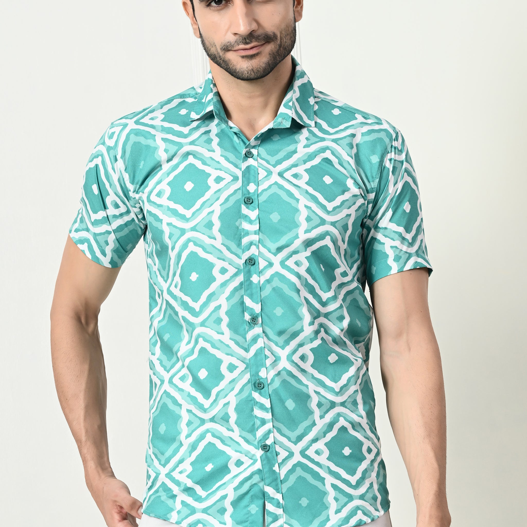 Sea Green Ikat Print Slim Fit Half-Sleeve Shirt